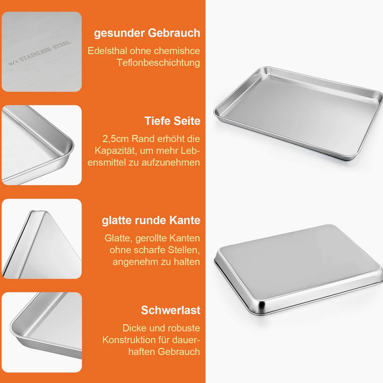 TEAMFAR Juego de 2 bandejas rectangulares para hornear de acero inoxidable para hornear, cocinar, servir, 40,4 x 30,6 x 2,5 cm, saludable, pulido, fácil de limpiar y apto para lavavajillas