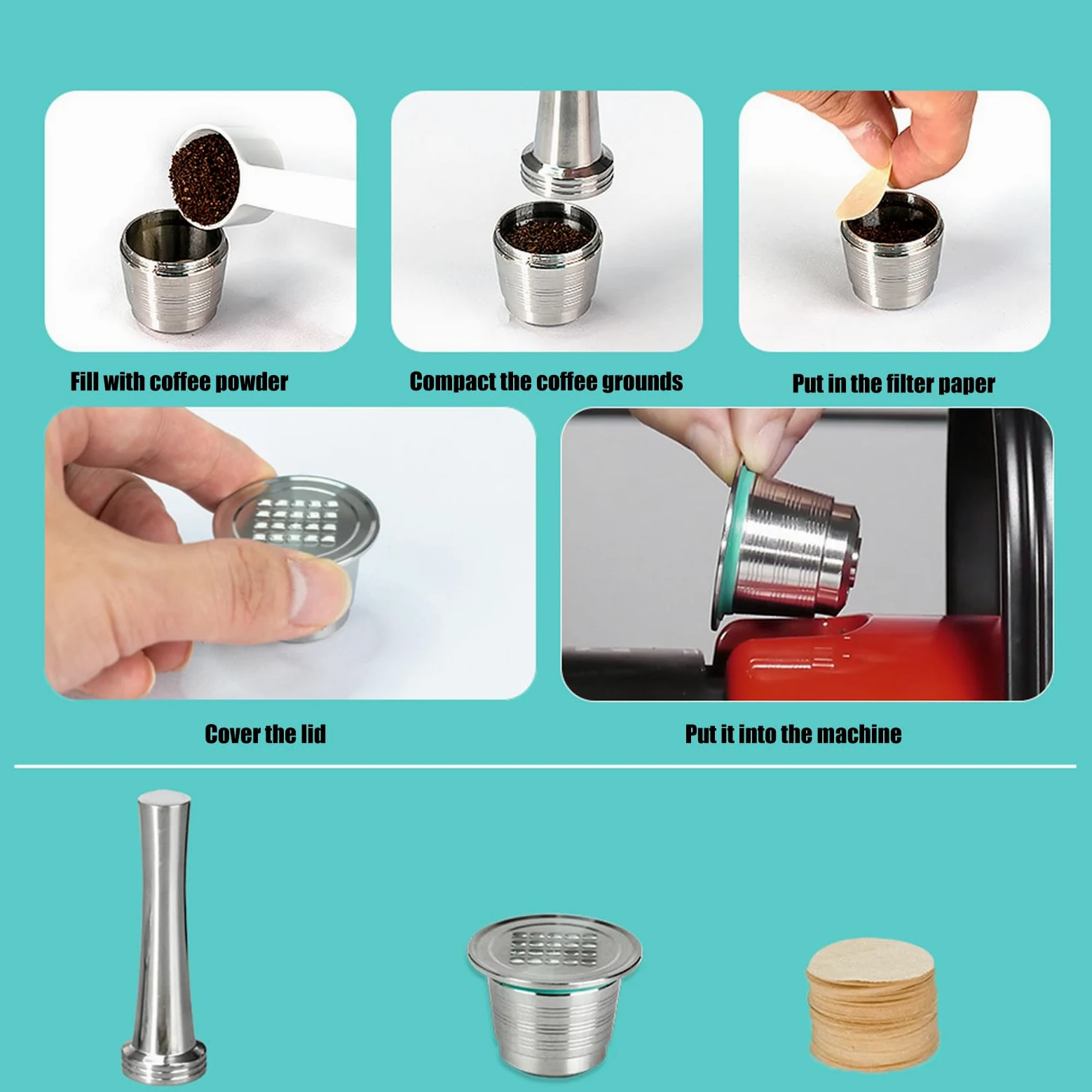 Greabuy Cápsulas de café de acero inoxidable con cuchara, papel de filtro y cepillo para mantenimiento de máquinas, juego de accesorios de café