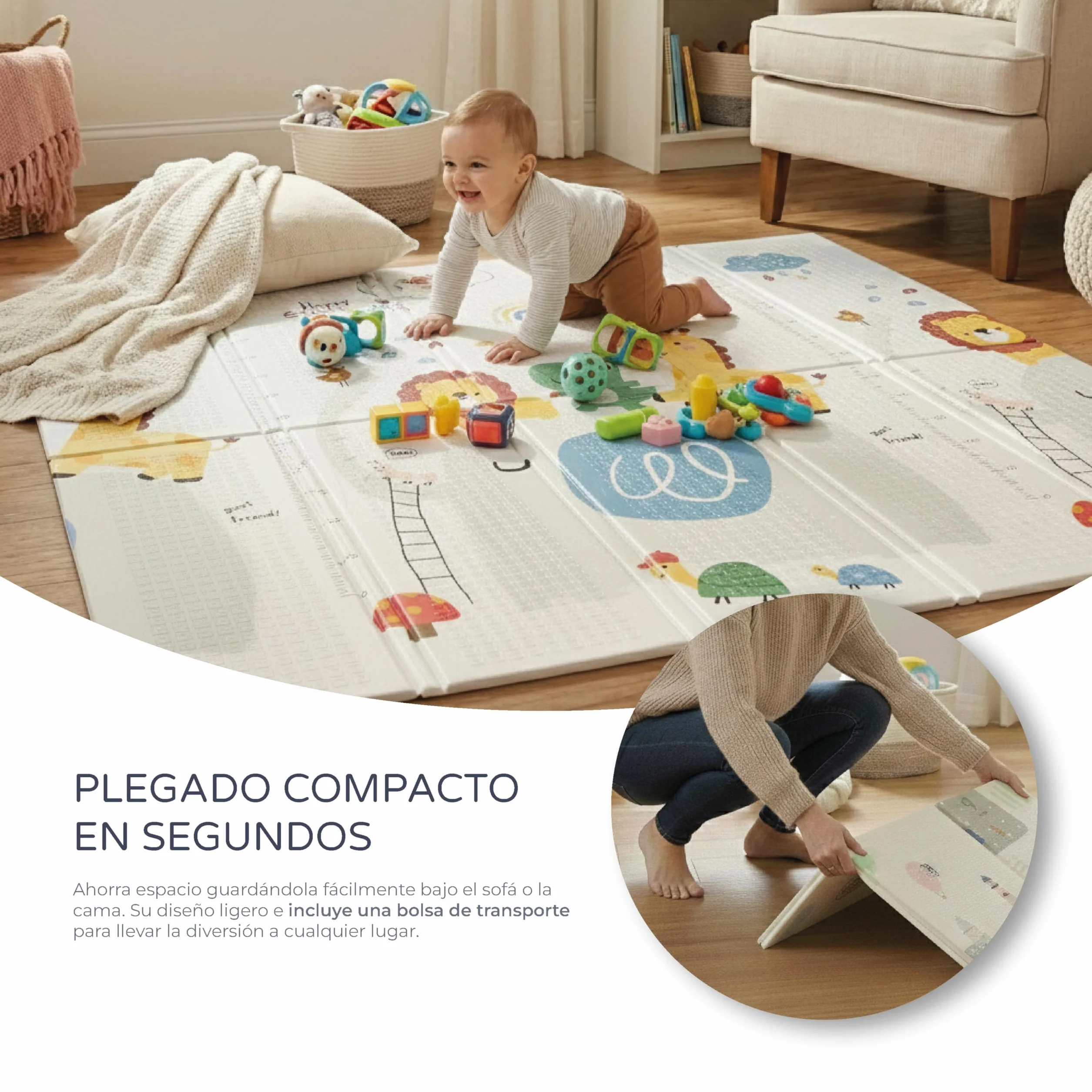 Alfombra de Juegos para Bebé Doble Cara 120x120 cm Plegable con Bolsa de Transporte Leon Arcoiris