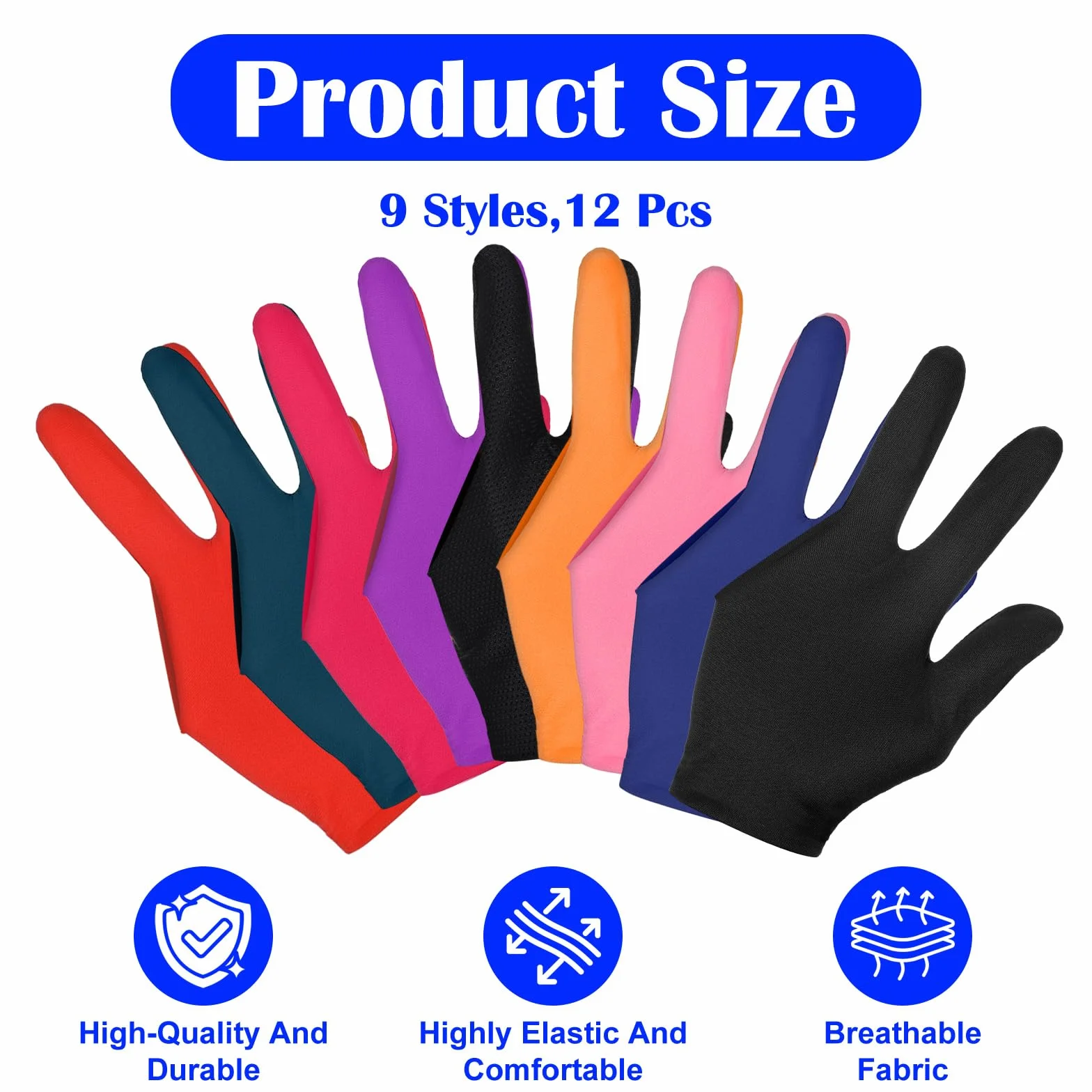 12 guantes de billar de tres dedos, transpirables, elásticos, para billar, cue para piscina, guantes profesionales de billar, para juegos de piscina, snooker, carom