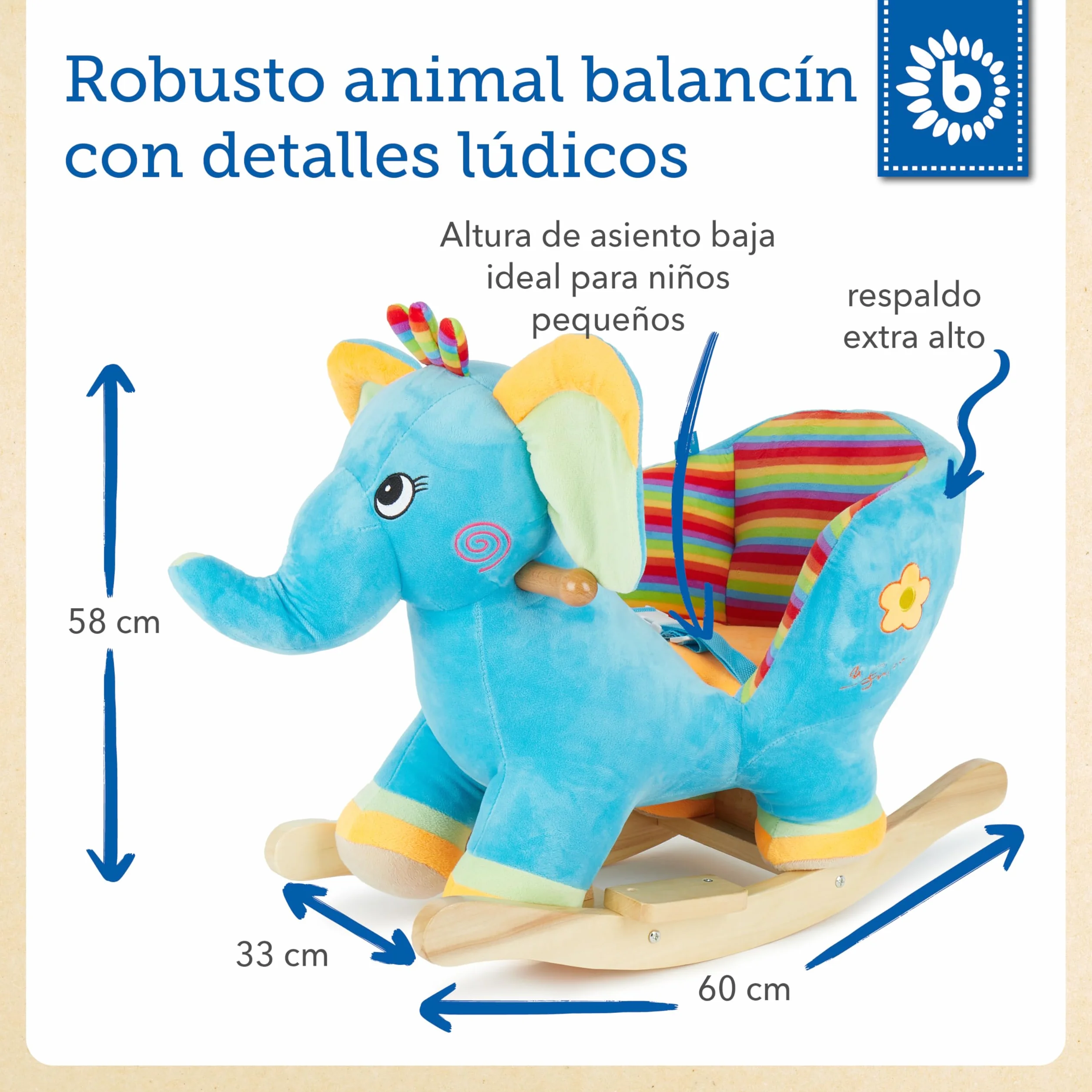 BIECO Peluche Animal Mecedora Elefante con cinturón Seguridad para bebé 9 Meses
