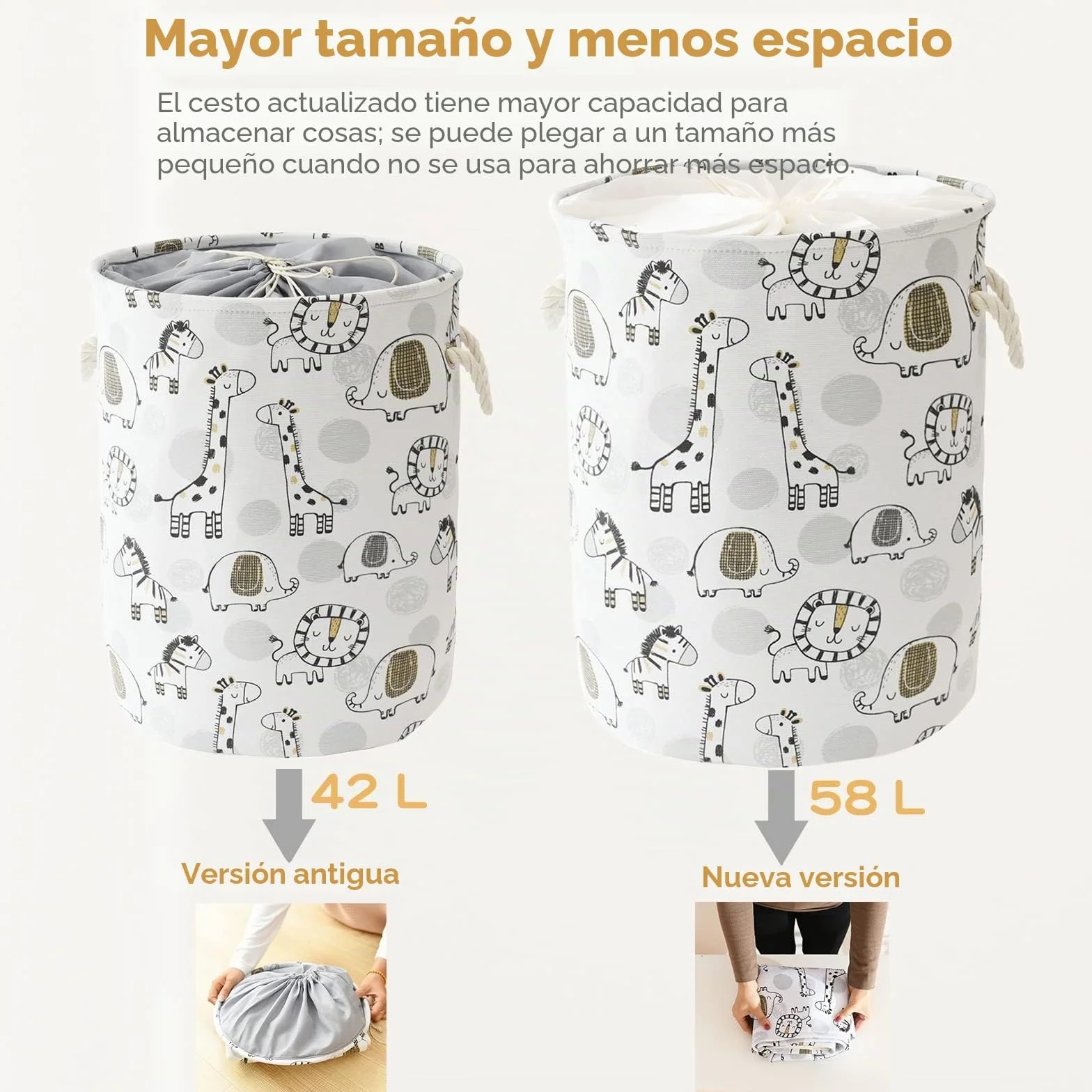 Cesto de Ropa Extra Grande 58L para Bebé, Cesta Colada Plegable Impermeable de Lona Jirafa
