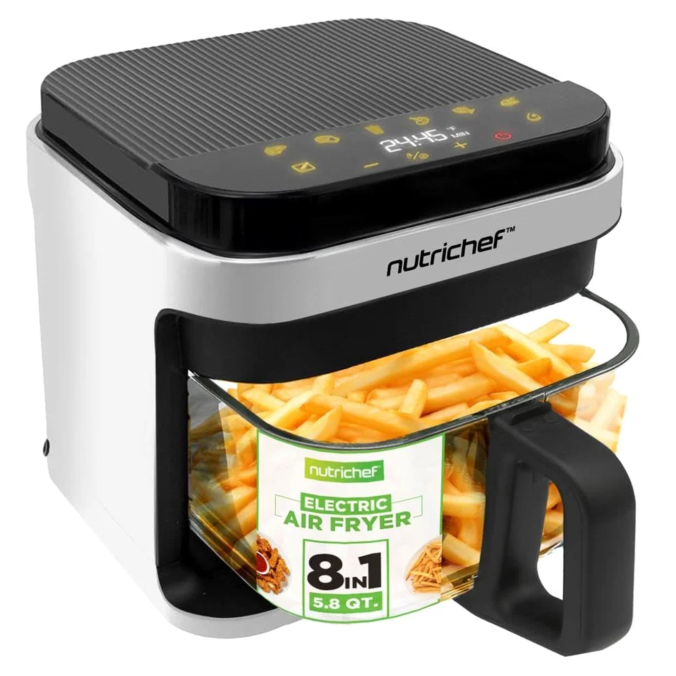 NutriChef Freidora de aire caliente, 5,5 L, sin aceite, 1200 W, color blanco, 8 programas, ventana de visualización, pantalla táctil, baja en grasa, para familias y resultados crujientes
