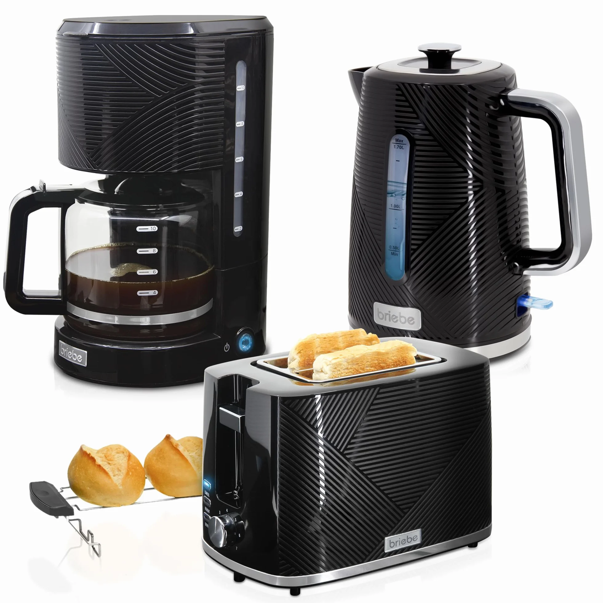 briebe Elegance Set Tostadora Pan Ranura Ancha 2 Rebanadas + Hervidor Agua Eléctrico 1,7L Inalámbrico 2200W Libre BPA + Cafetera Goteo Filtro 10 Tazas 1,25L, Pack Desayuno Diseño Moderno, Negro