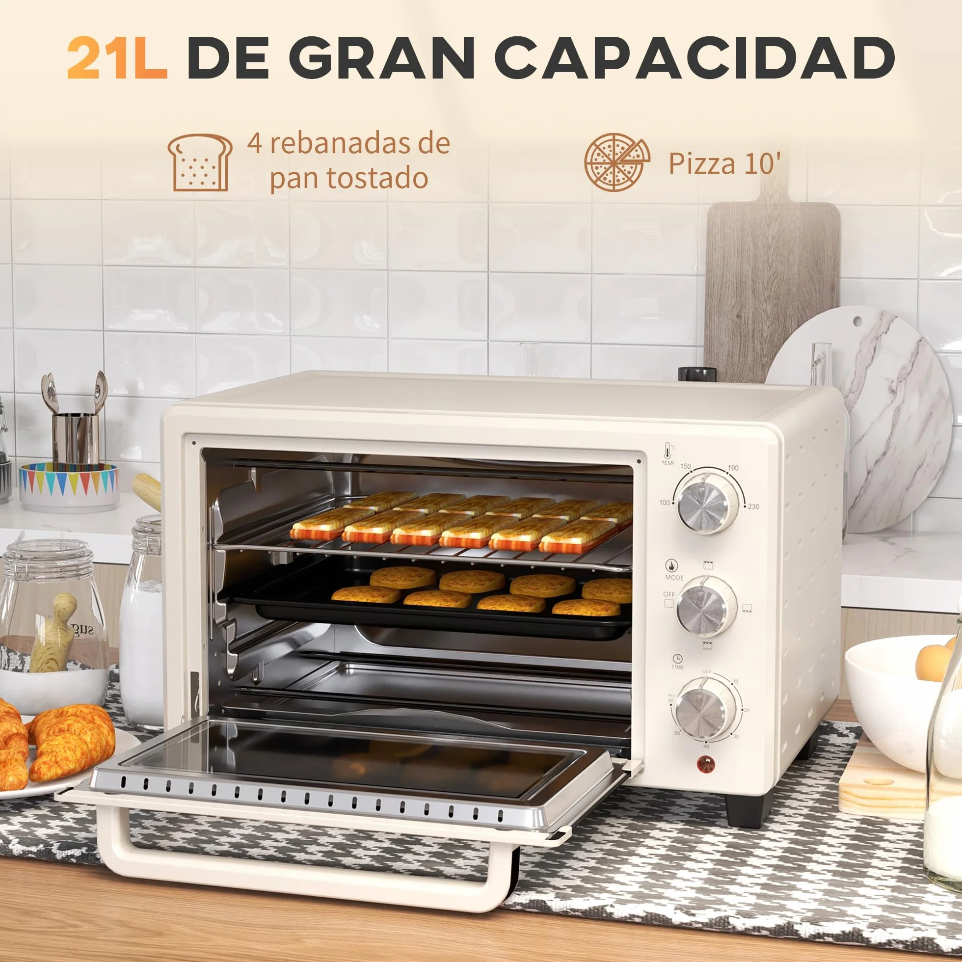 HOMCOM Horno Eléctrico de Sobremesa Horno Sobremesa de 21L 1400W Mini Horno Tostador con Temporizador hasta 60min y Temperatura Regulable hasta 230℃ Crema