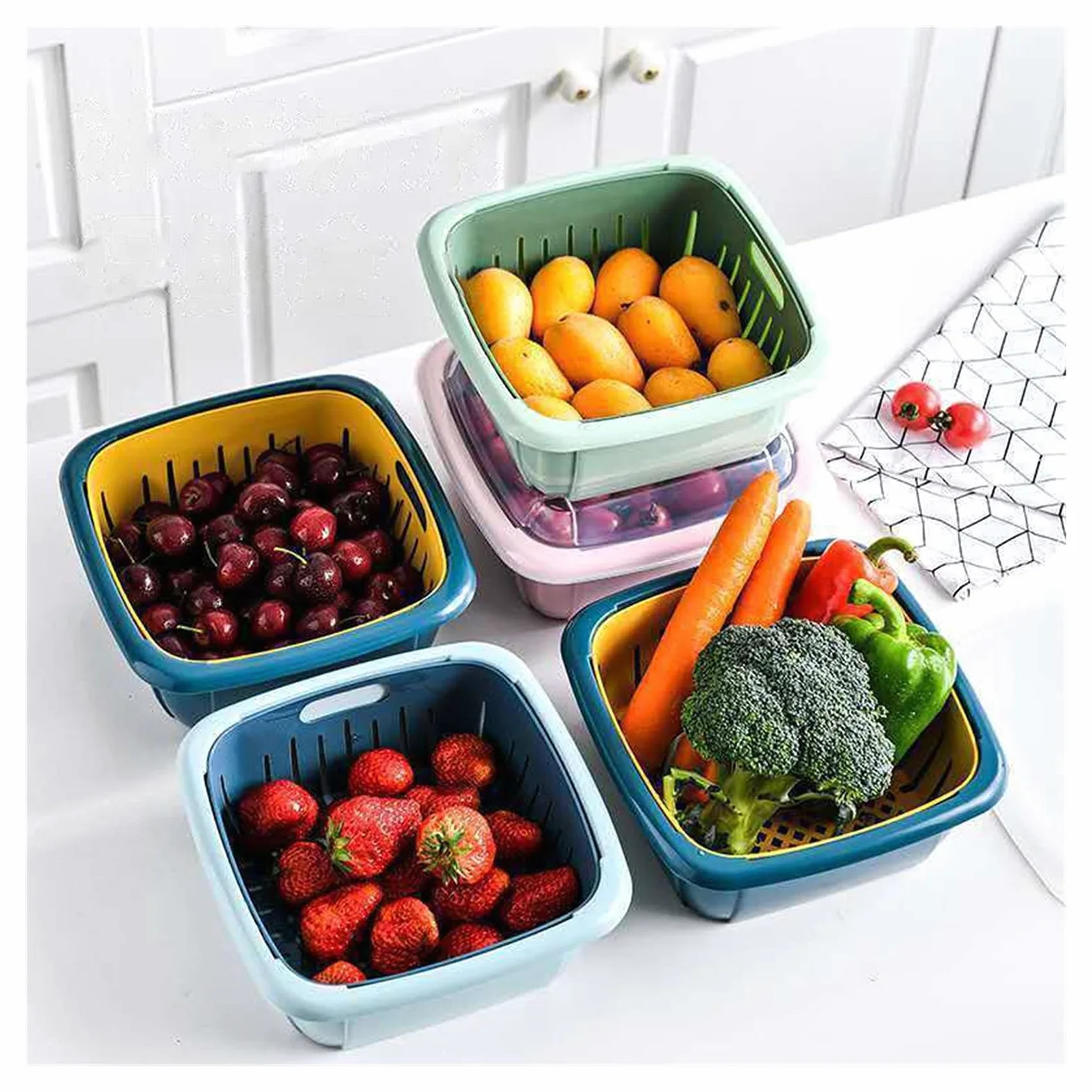 Colador de Cocina Tazón de canasta de drenaje con tapa Cuadrado Fruta Vegetal Cuenca Cesta de lavado Cocina Sellado Fresco Mantenimiento de almacenamiento Caja de almacenamiento Juego de Crisper Colad