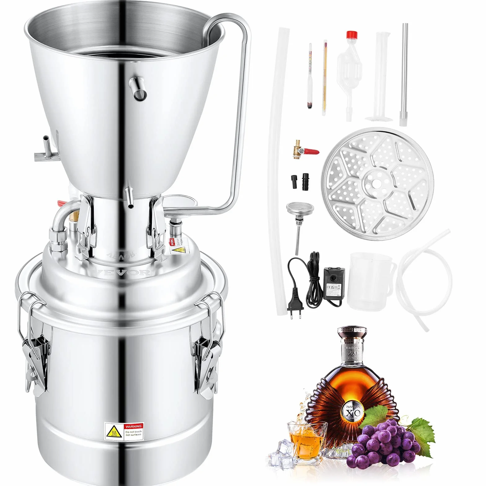 VEVOR Destilador de Alcohol para Uso Doméstico con Bomba de Agua 6,8-8 W Capacidad de 70L Kit de Destilación de Alcohol de Acero Inoxidable Kit de Destilador de Agua para Vino, Licor, Aceite Esencial