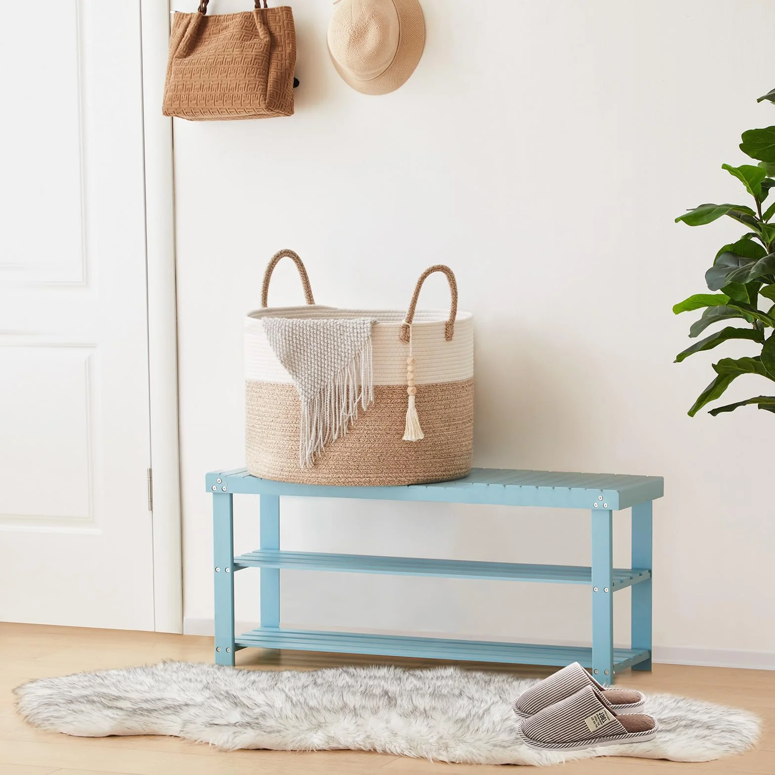 YOUDENOVA Cesta de lavandería con cuentas colgantes de madera, cesta de almacenamiento de juguetes para niños, cesta de manta de cuerda de algodón grande, cesta de almacenamiento tejida para