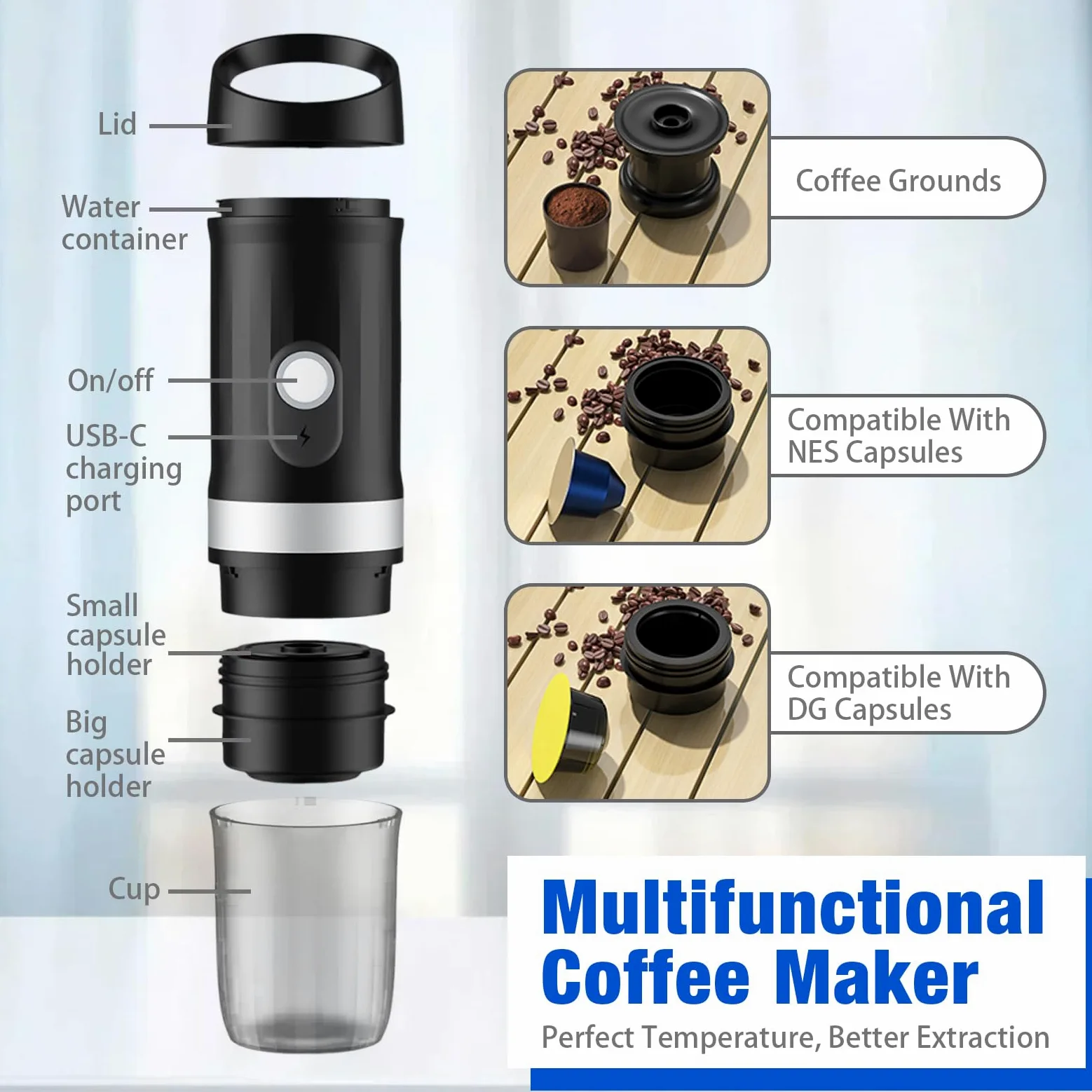 Máquina de café espresso portátil, 20 bar, cafetera eléctrica con autocalentamiento, compatible con cápsulas NS, café en polvo, 80 ml, pequeña cafetera de viaje para camping, senderismo, oficina