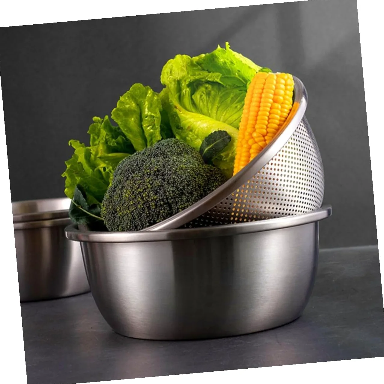 Colador Inoxidable de Acero Verduras Doble Capa | Plata, Malla Fina en Capa Interior, Portátil, para Lavar Fruta y Drenar Agua en Cocina o Camping