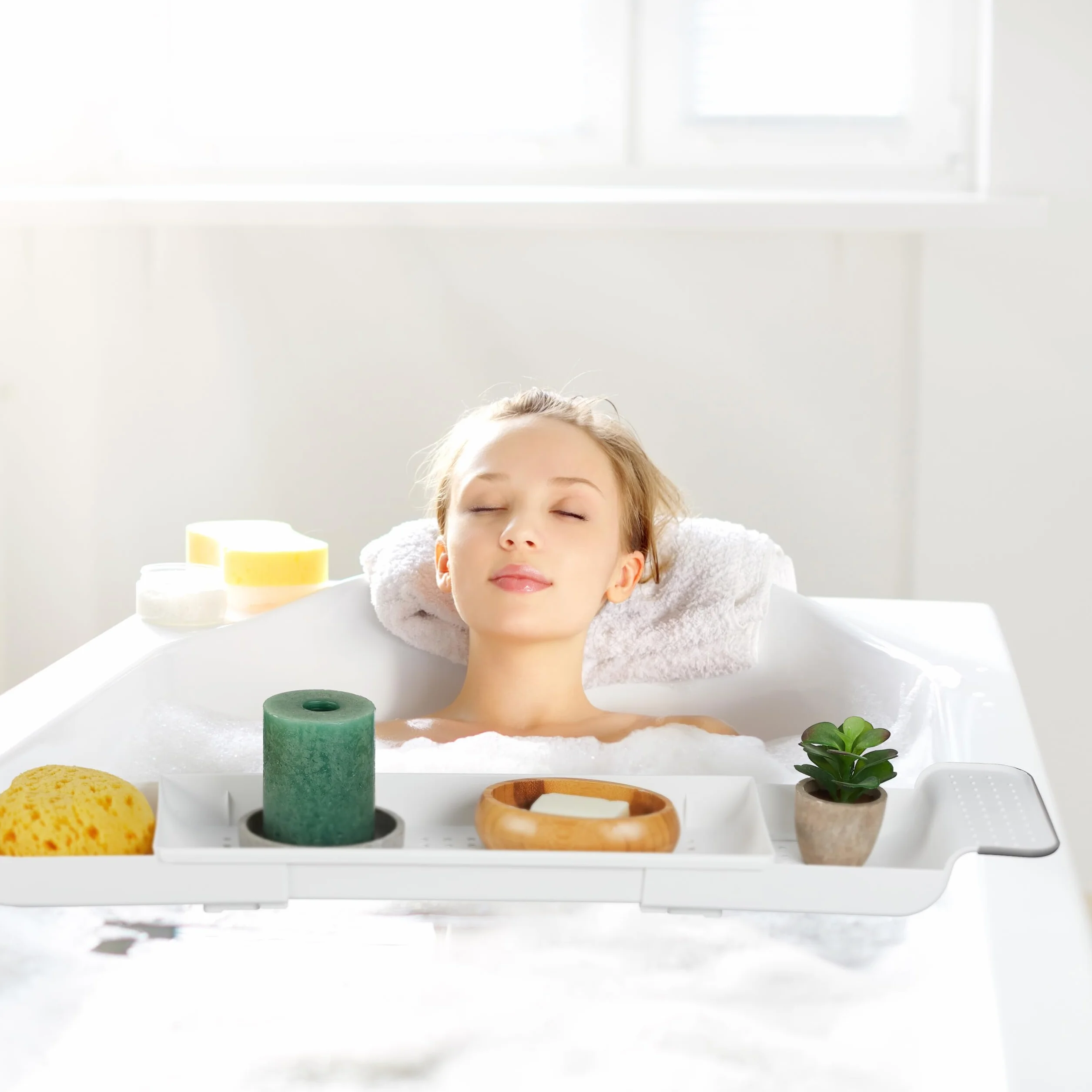 Relaxdays Bandeja para Bañera, Extensible 55,5-78 cm, Plástico, Agujeros de Drenaje de Agua, Antideslizante, Blanco