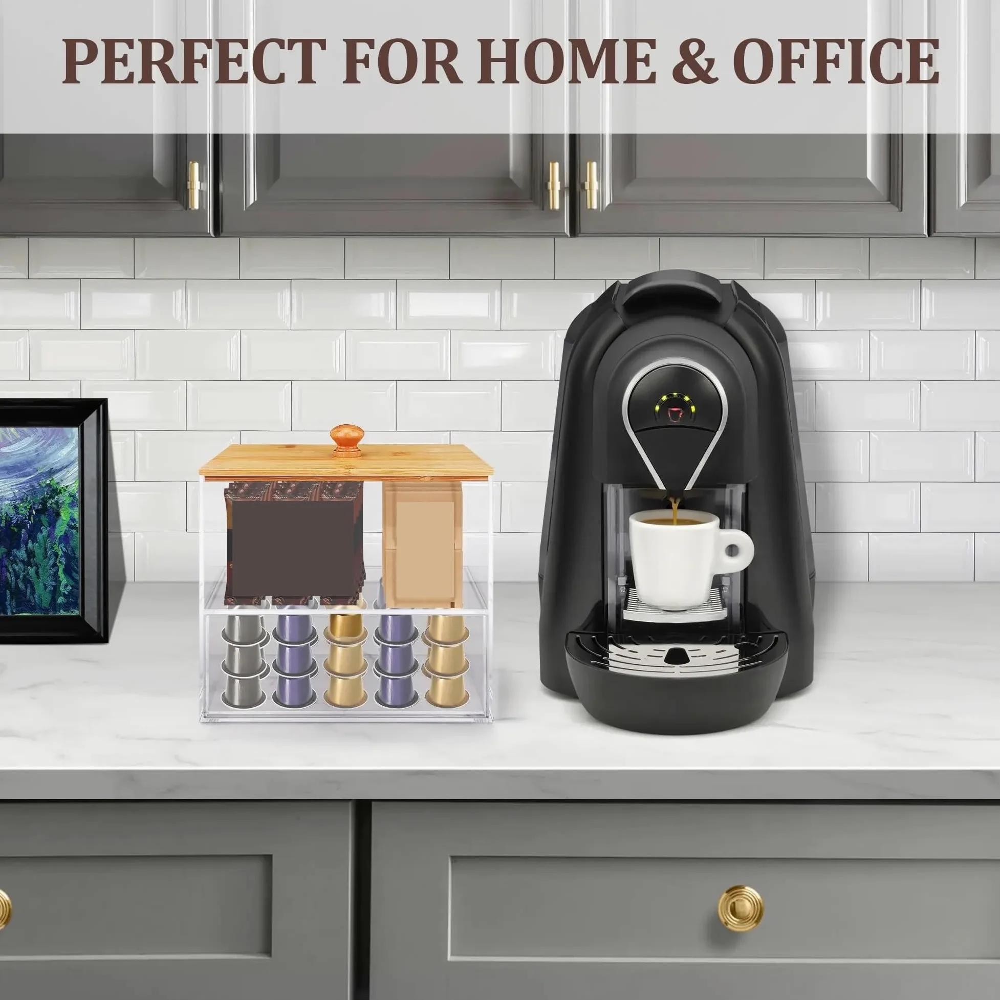 Organizador multifuncional de cápsulas de té y café, dispensador de bolsas de té de 2 niveles con cajón para cápsulas para Nespresso y KCup, elegante caja de almacenamiento para el hogar y el bar