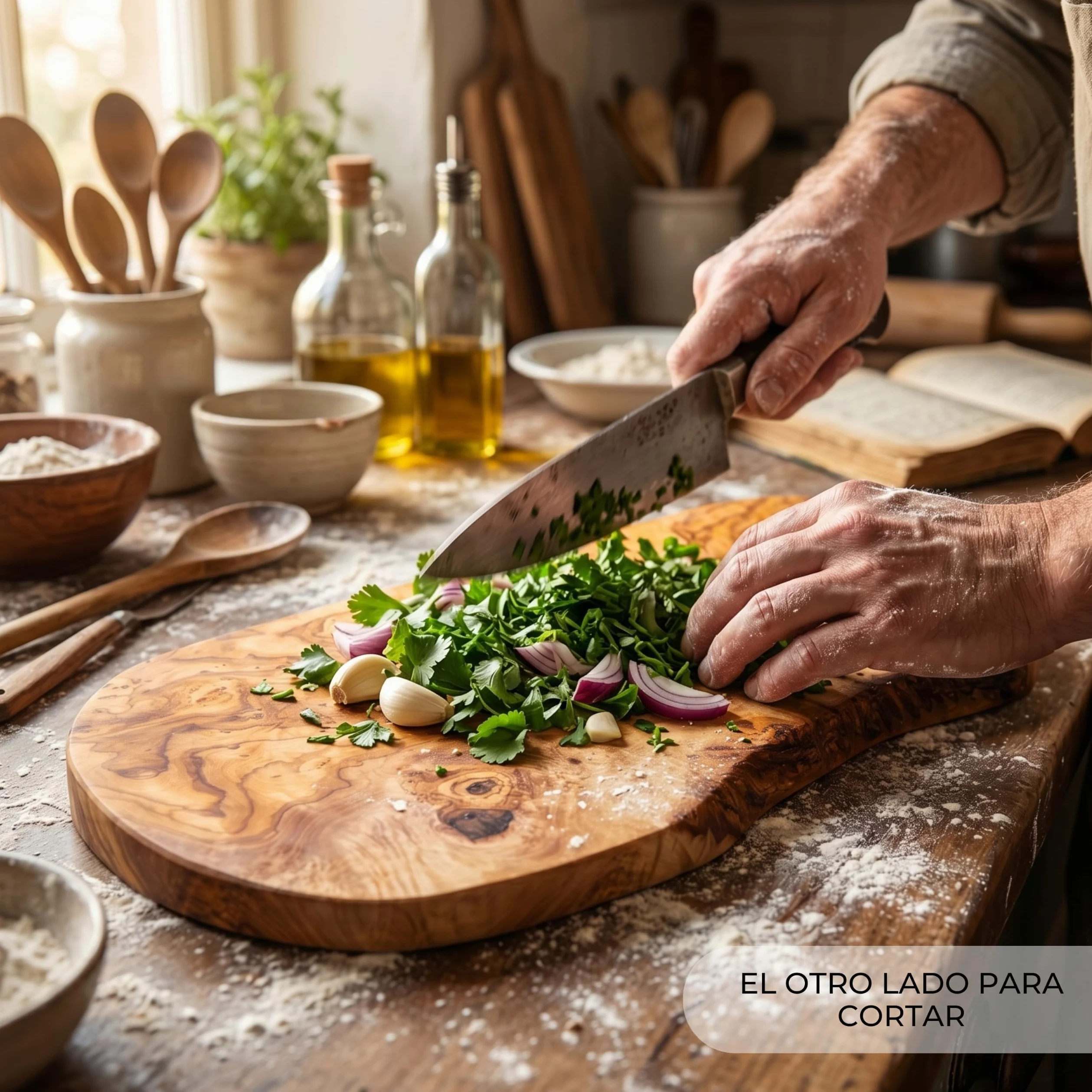 Erreke Tabla de Madera de Olivo Natural para Cortar y Servir, 43 x 21 cm | Tabla Madera Cocina. Reversible y Artesanal para Servir y Picar Quesos Embutidos Pan. Estilo Mediterráneo Rústico. Uso Diario