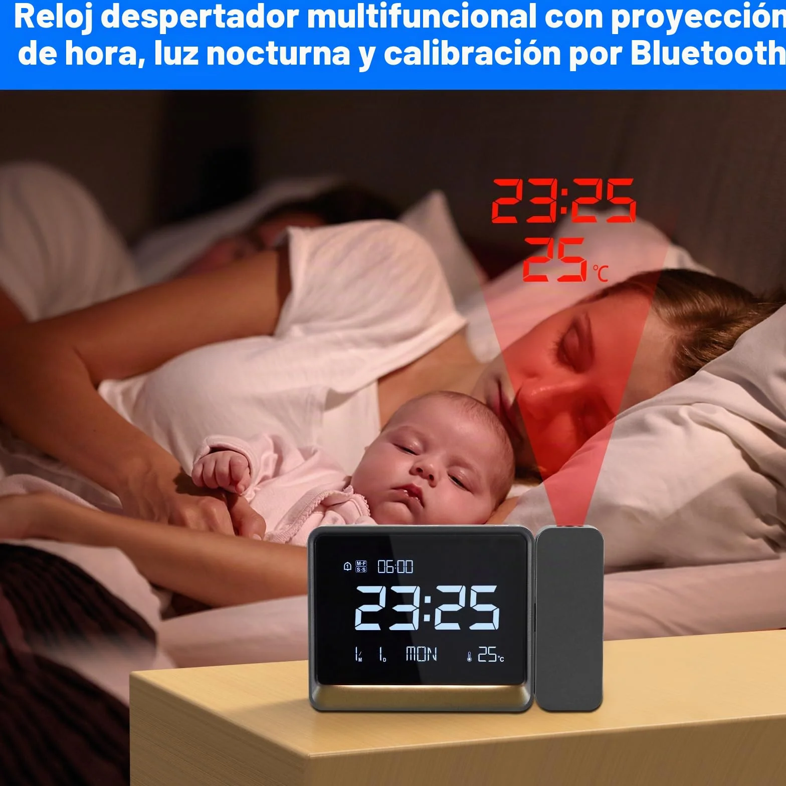 Despertador Proyector Techo,Relojes de Proyección Digital con Temperatura,Modo día laborable/Fin de Semana,Fecha,Bluetooth,Snooze,Luz Nocturna,12/24 Horas,4 Niveles de Brillo Ajustable para Dormitorio