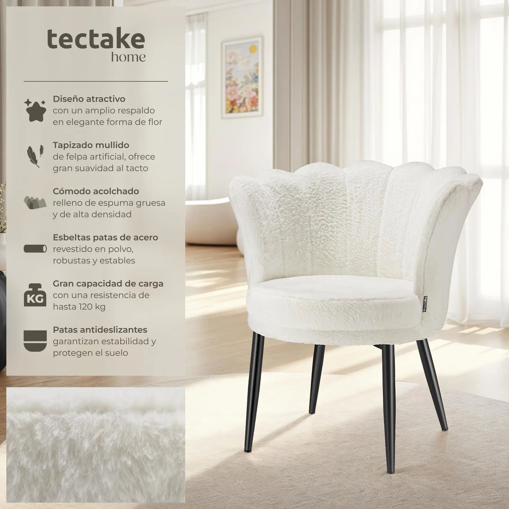tectake® Sillón Tapizado con Acolchado Grueso, Butaca Salón con Respaldo Curvado en Forma de Flor, Sillón de Lectura con Patas de Acero, Tapas Antideslizantes, Silla Oficina - Terciopelo, Crema/Negro