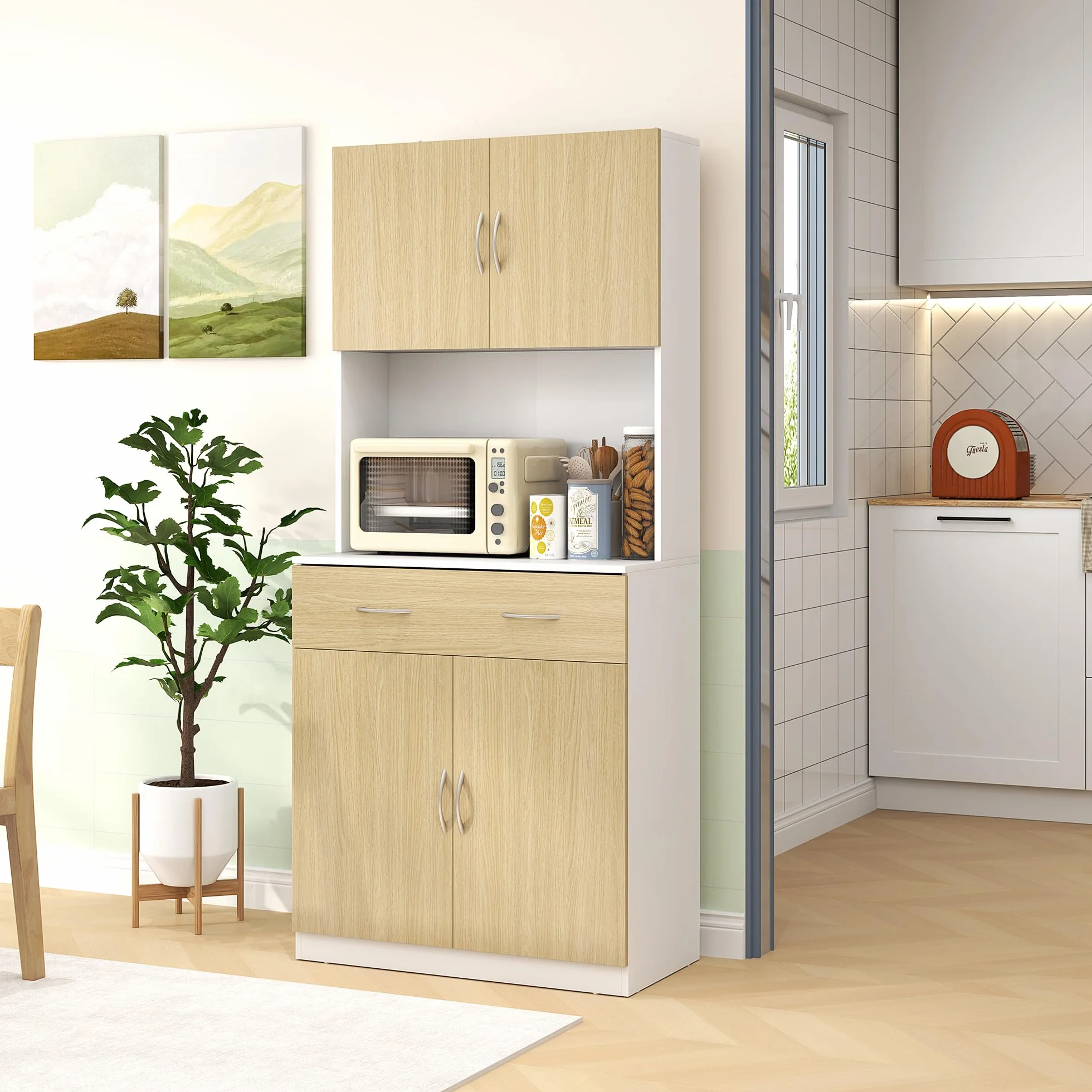 HOMCOM Alacena de Cocina Mueble Auxiliar de Cocina con Puertas Cajón y Estantes Ajustables Antivuelco para Comedor Salón 80x40x180 cm Natural y Blanco
