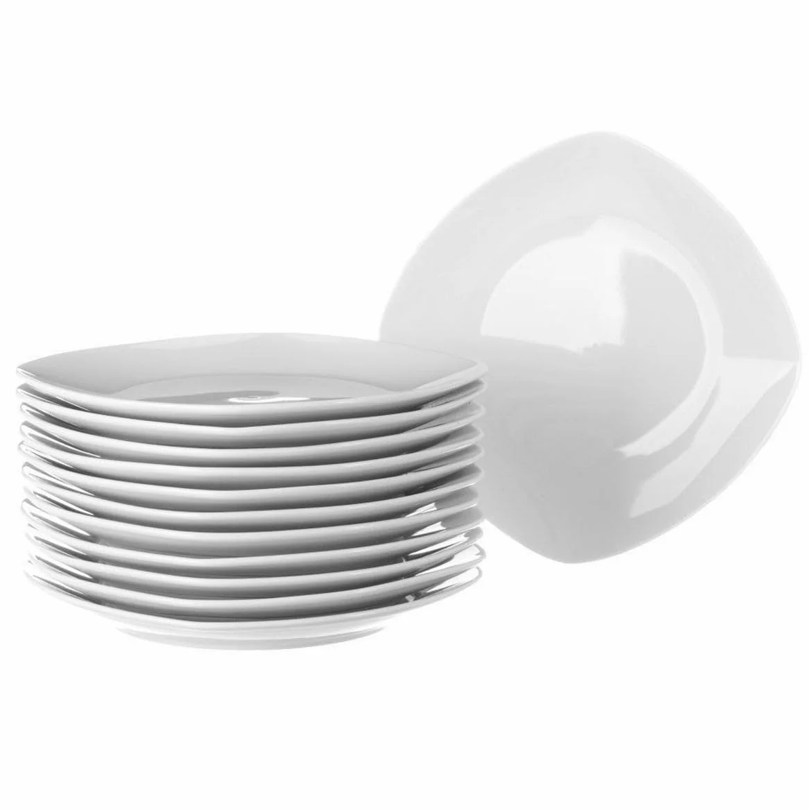 Juego de 12 platos llanos cuadrados en porcelana color blanco de 25 cm | Diseña tu propia vajilla moderna de 12 servicios. Su gran amplitud te permite servir los platos principales cómodamente.