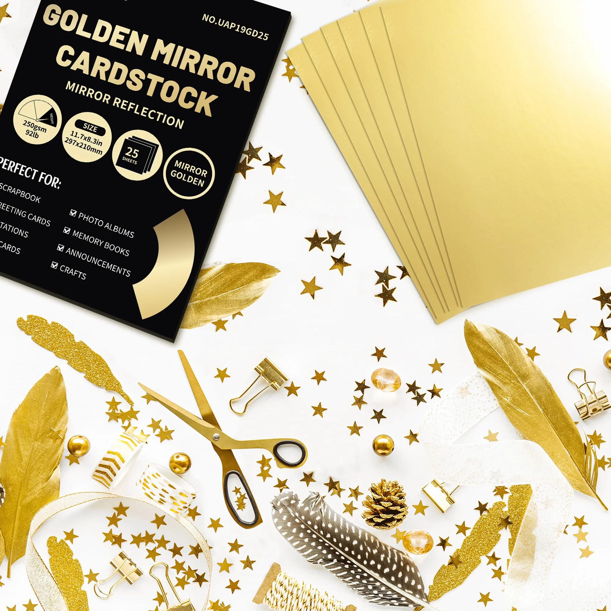 Cartulina con efecto espejo dorado A4, 25 hojas, 250 g/m²/92 lb, papel reflectante metálico para manualidades, cartulina laminada para proyectos de bricolaje, decoración de cumpleaños, UAP19GD25 | Uncle Paul Papel metálico reflectante para manualidades he