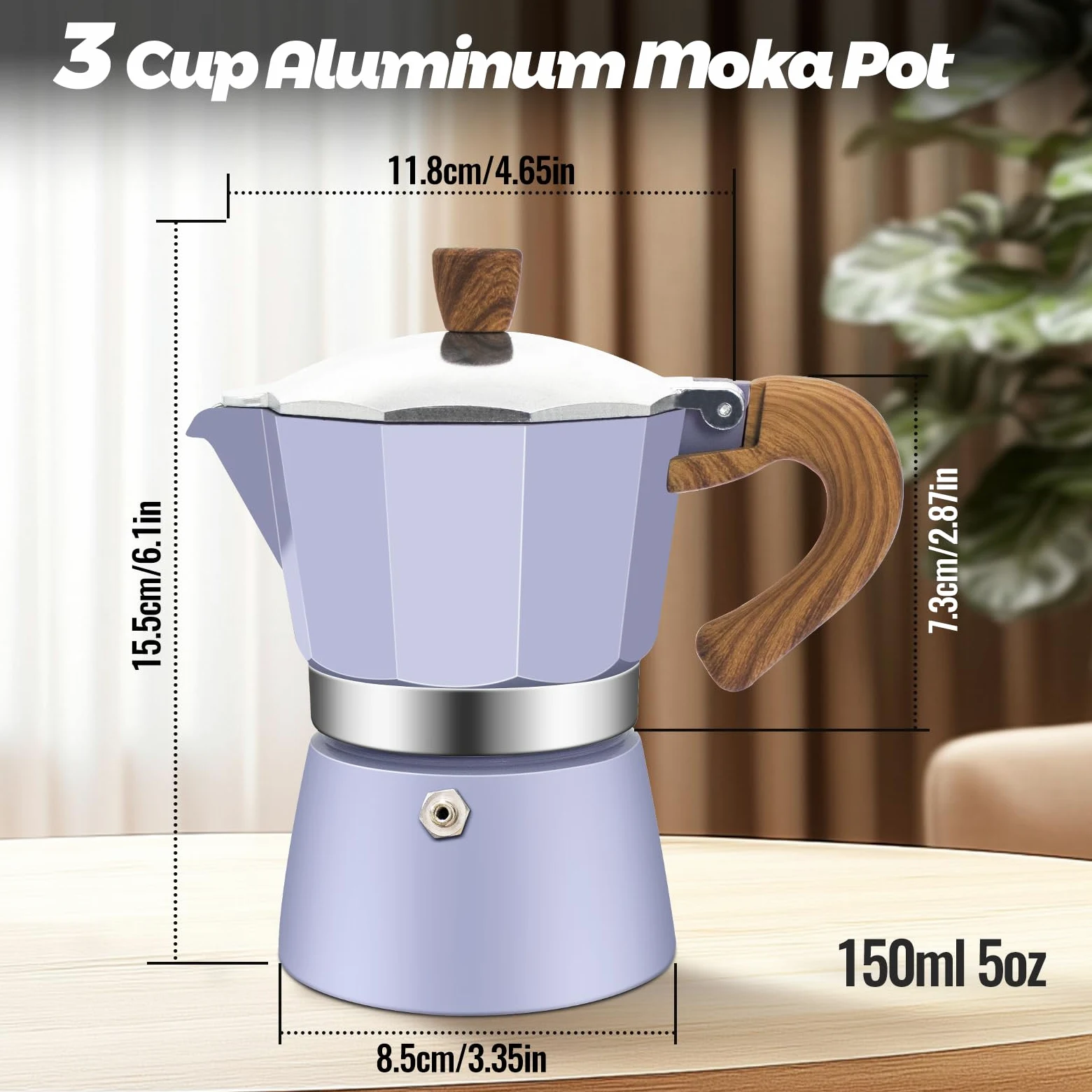 Cafetera moca clásica de aluminio para 3 tazas, 150 ml, cafetera, percoladora, cafetera Mocha Express, cafeteras preferidas para café italiano y cubano, color morado
