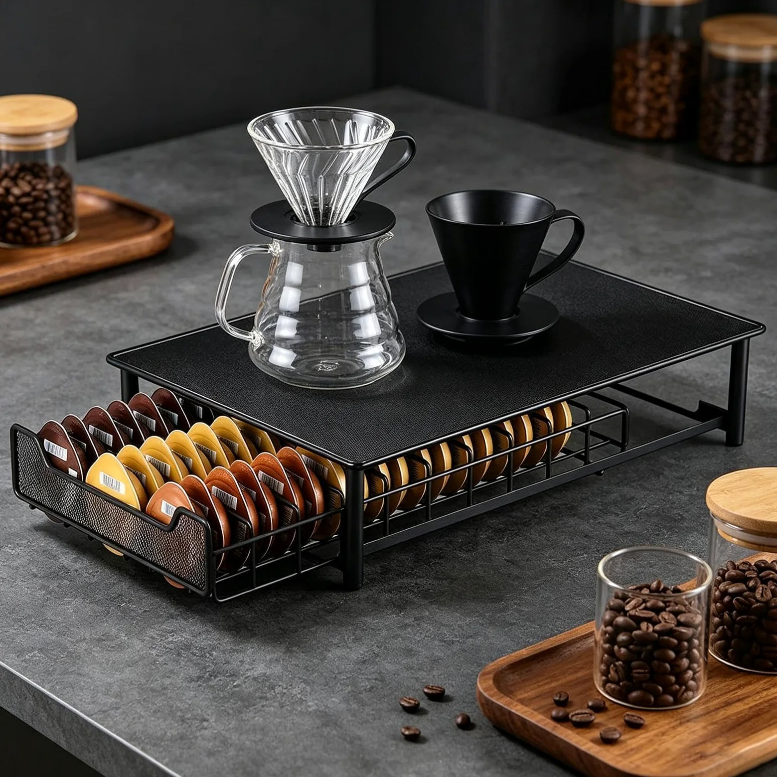 Organizador de Cápsulas de Café Resistente de Alambre Metálico con | Cajón Deslizante Organizador de Cápsulas para Cocina, Salón, Apartamento, Tostadora,