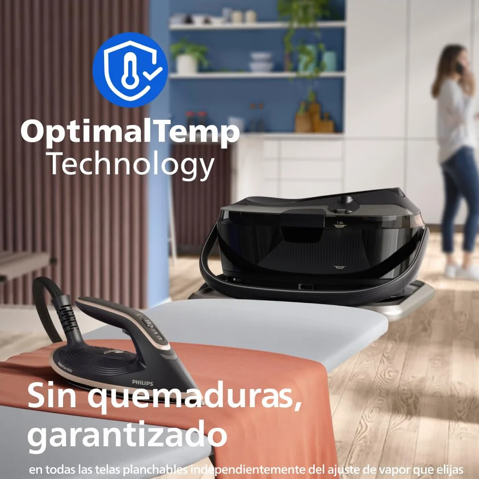 Philips PerfectCare Serie 8000 Centro de Planchado - 215g de Golpe de Vapor, Fácil de Transportar y Guardar, OptimalTEMP, SteamGlide Elite, 1,4L, Easy De-Calc, Sin Quemaduras Garantizado (PSG8200/80)