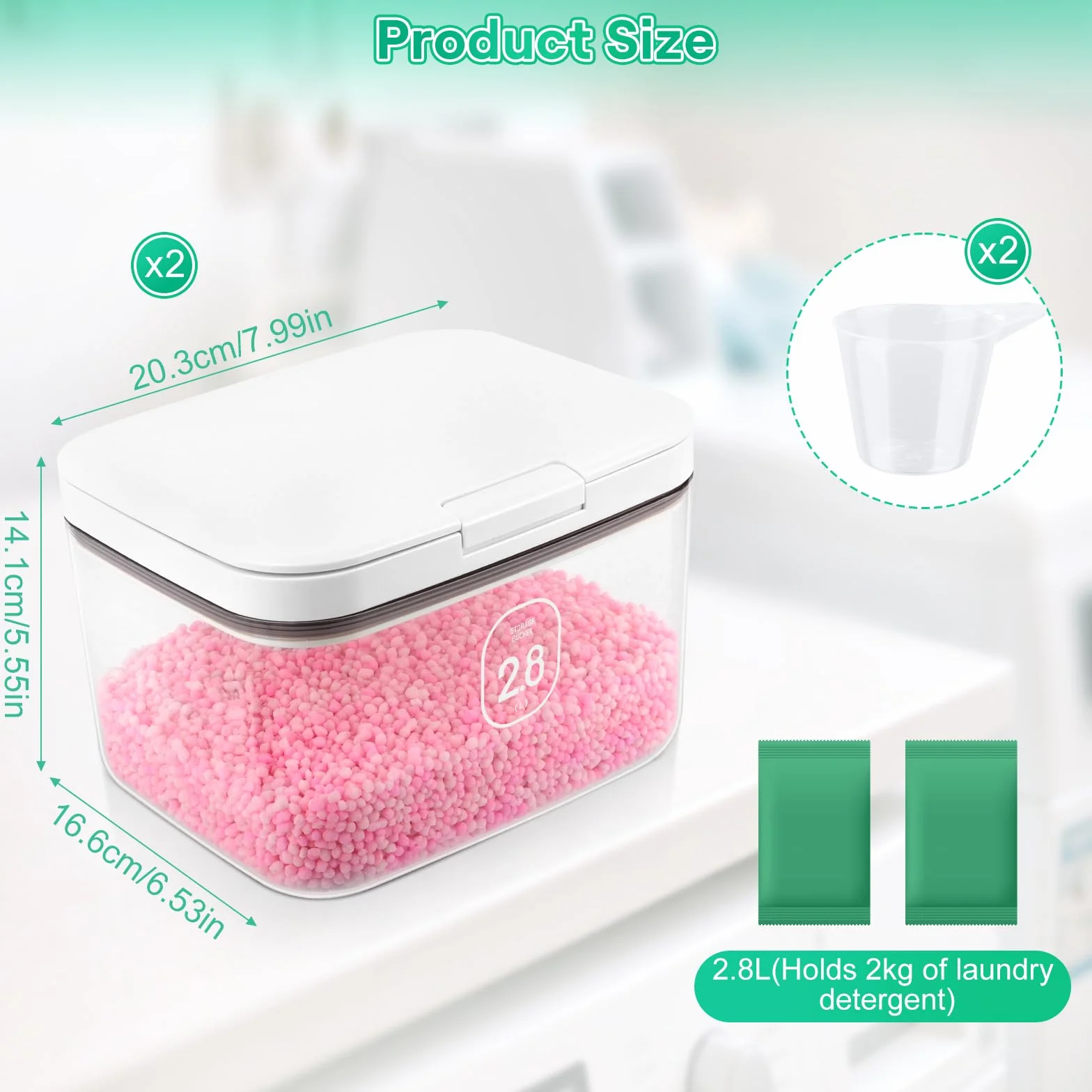 2 unidades de detergente con cucharas,Contenedor de detergente en polvo 2.8L,Contenedor de detergente en polvo con tapa hermética y cierre a presión,Caja de detergente multiusos para comida para gatos