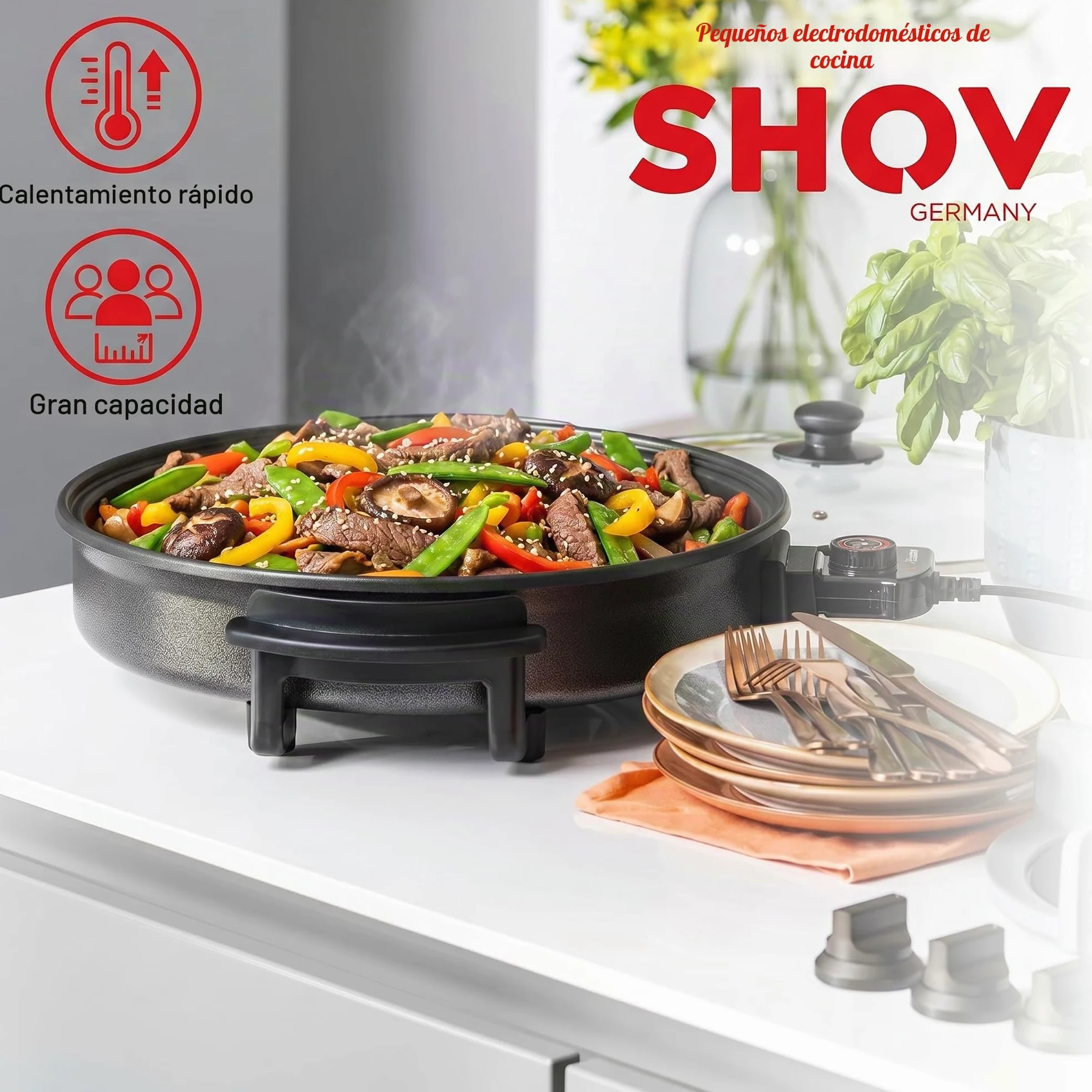 Shov Sartén eléctrica para pizza y multibräter XL – 48 cm de diámetro, 7 cm de profundidad | Sartén antiadherente y tapa de vidrio | 1500 W | Termostato ajustable para pizza, paella, giroscopios y