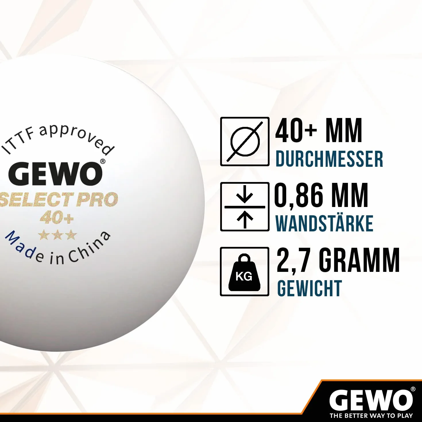 GEWO Select Pro Pelotas de Ping Pong de Mesa 3 Estrellas 40+ ITTF 40 mm Blanco 6 Unidades