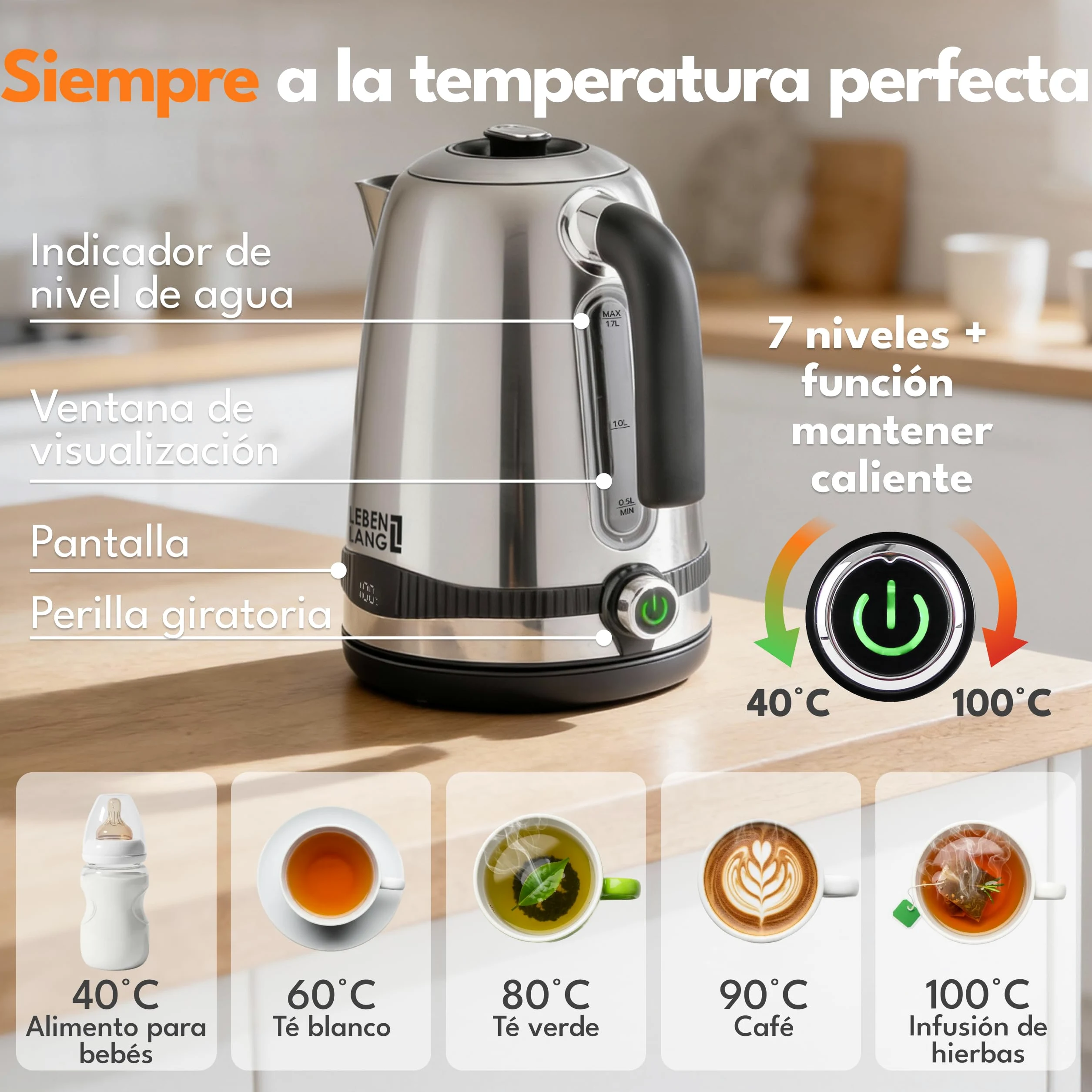 LEBENLANG Hervidor de agua de acero inoxidable con ajuste de temperatura - silencioso, con indicación de temperatura y función de mantenimiento del calor - 1,7l y 2200W | Hervidor de agua eléctrico | Silencioso, con indicación de temperatura y función de