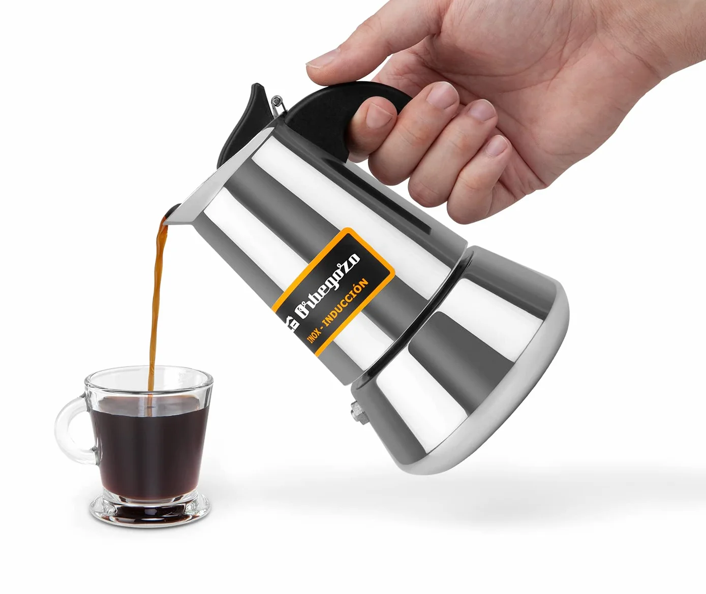Orbegozo KFI 460 , Cafetera italiana inducción , 4 tazas , mango ergonómico, apta para cocinas de gas, eléctricas y de vitrocerámica, se puede usar en lavavajillas, color acero inoxidable