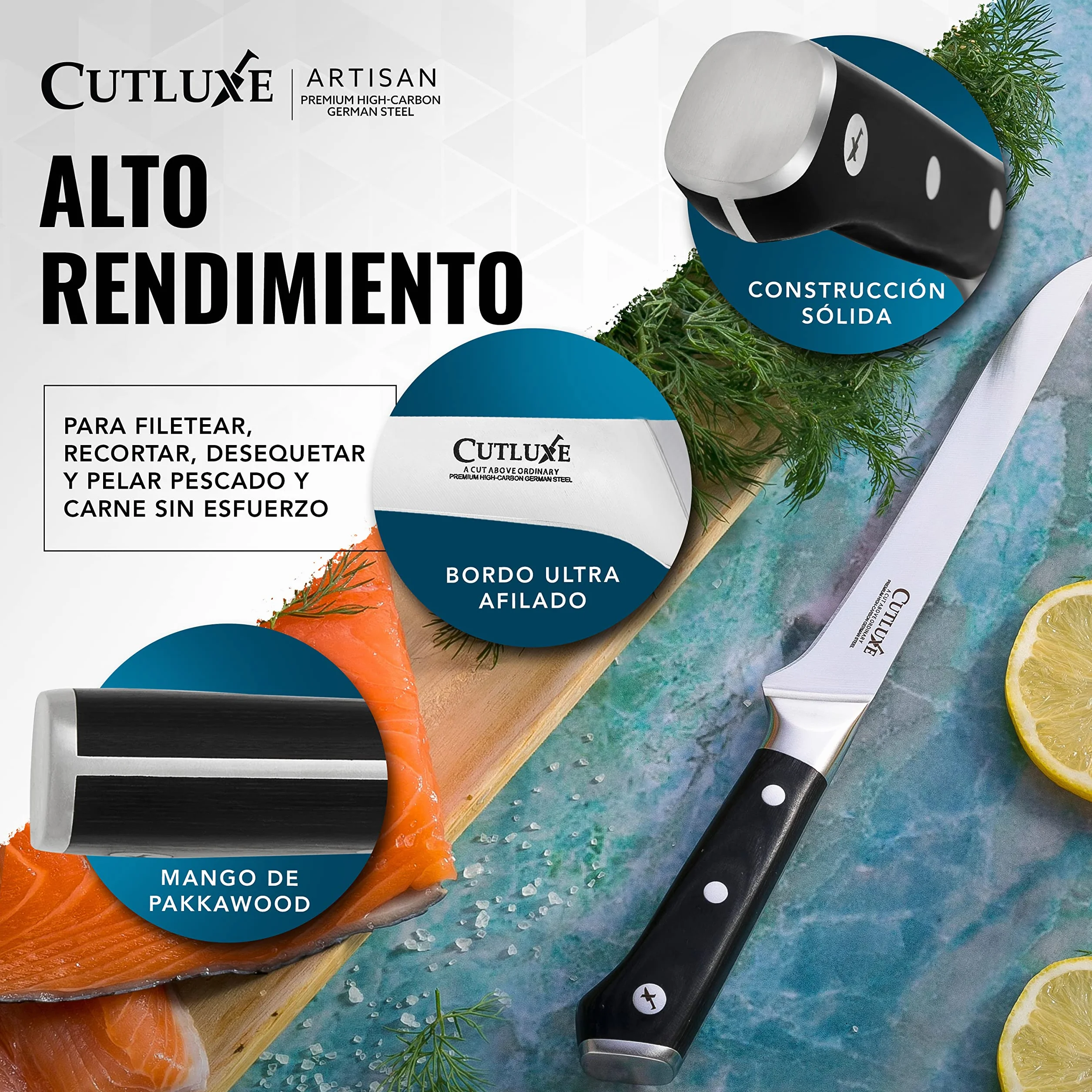 Cutluxe Cuchillo Fileteador y Deshuesar 15cm Acero Alemán Alto Carbono Serie Artesano