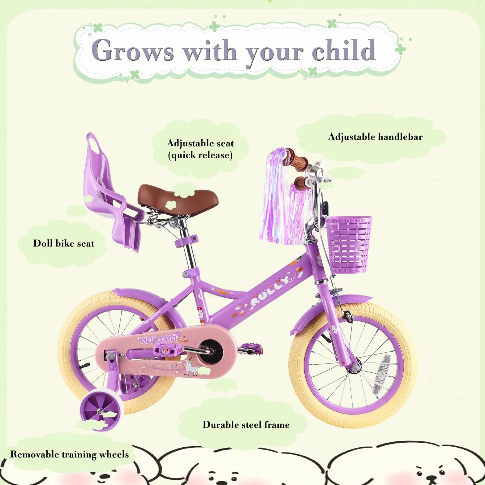 RULLY Bicicleta Infantil 12, 14, 16 Pulgadas para Niñas 2-7 Años Rosa con Ruedas de Apoyo y Freno de Mano