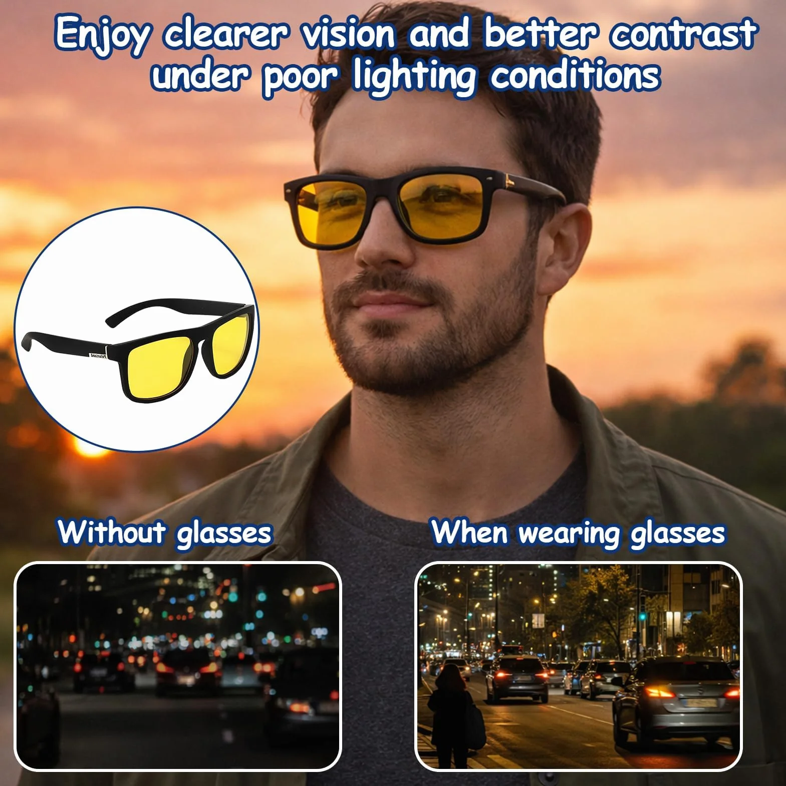 Gafas de conducción nocturna polarizadas, máxima seguridad en la noche y la lluvia, lentes amarillas que mejoran el contraste, protección UV400, antirreflectantes, para hombre y mujer