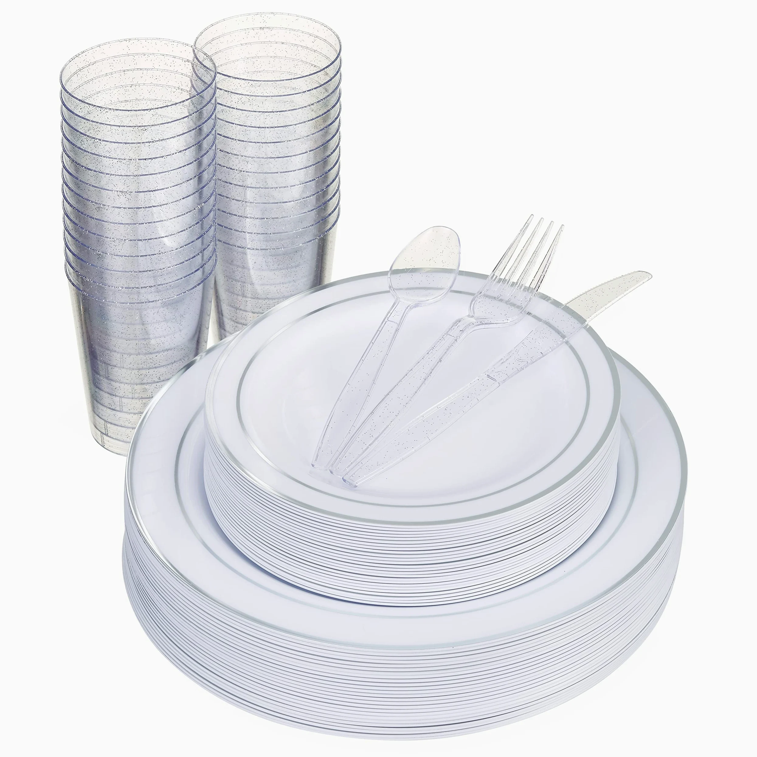 MATANA 150 Piezas Vajilla Reutilizable de Plástico Blanco y Plateado para 25 Personas - Platos Grandes, Platos de Postre, Vasos y Cubiertos Reutilizables - Bodas, Cumpleaños, Navidad y Fiestas