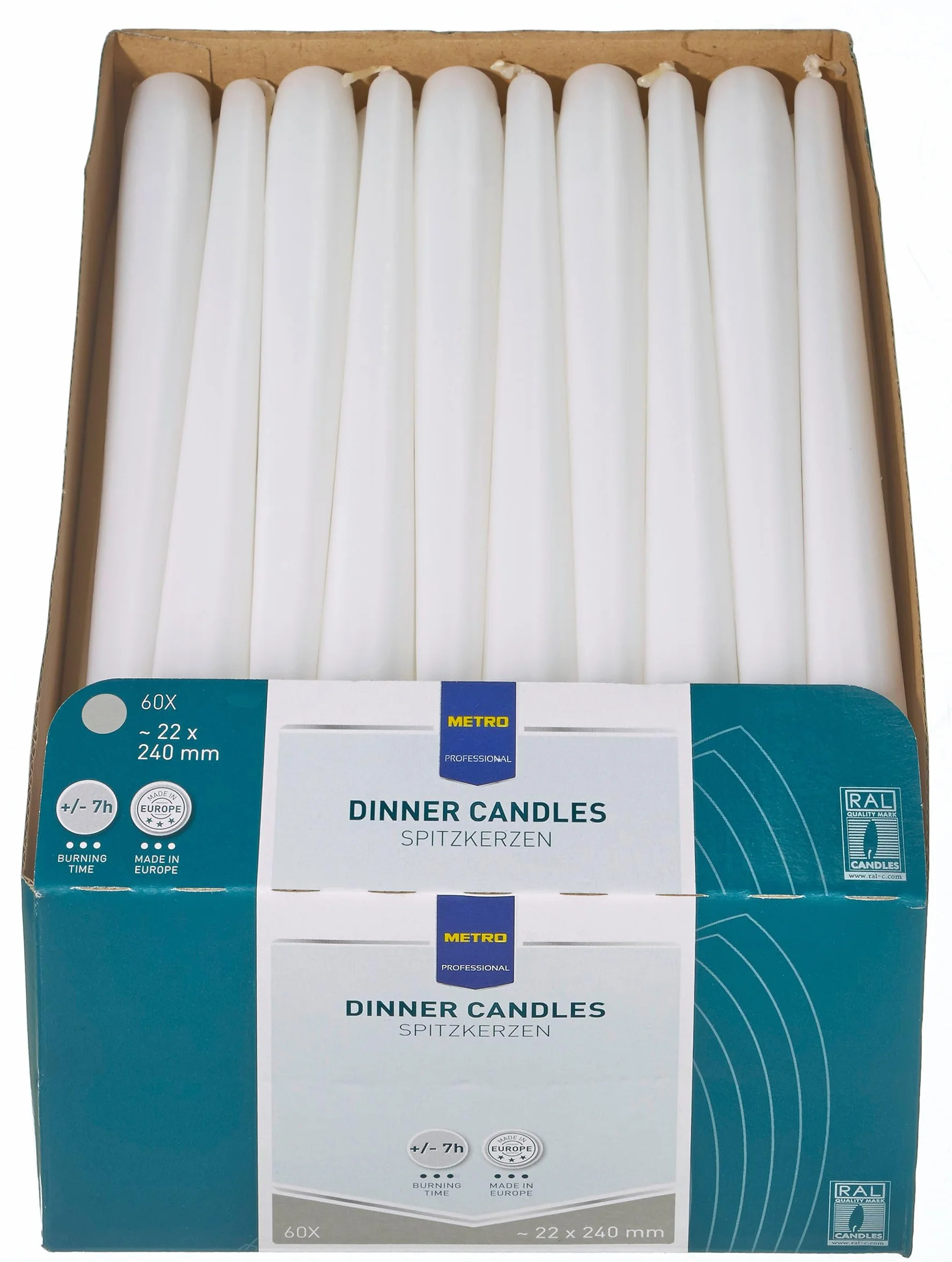 METRO Professional Vela alargada cónica, 240 x ø 22 mm, 7h de combustión, blanco, 60 uds., para restaurantes, terraza, hogar