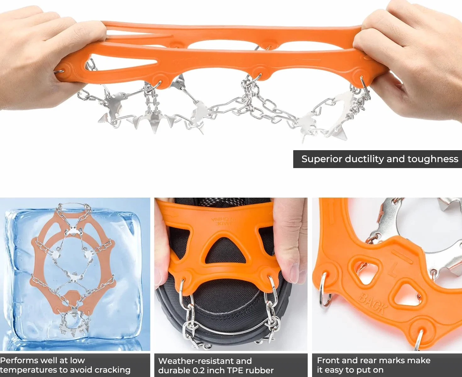 Sportneer Crampones 19 Dientes Tacos de Tracción Nieve y Hielo para Montañismo Escalada Caminar Alpinismo, Naranja, L