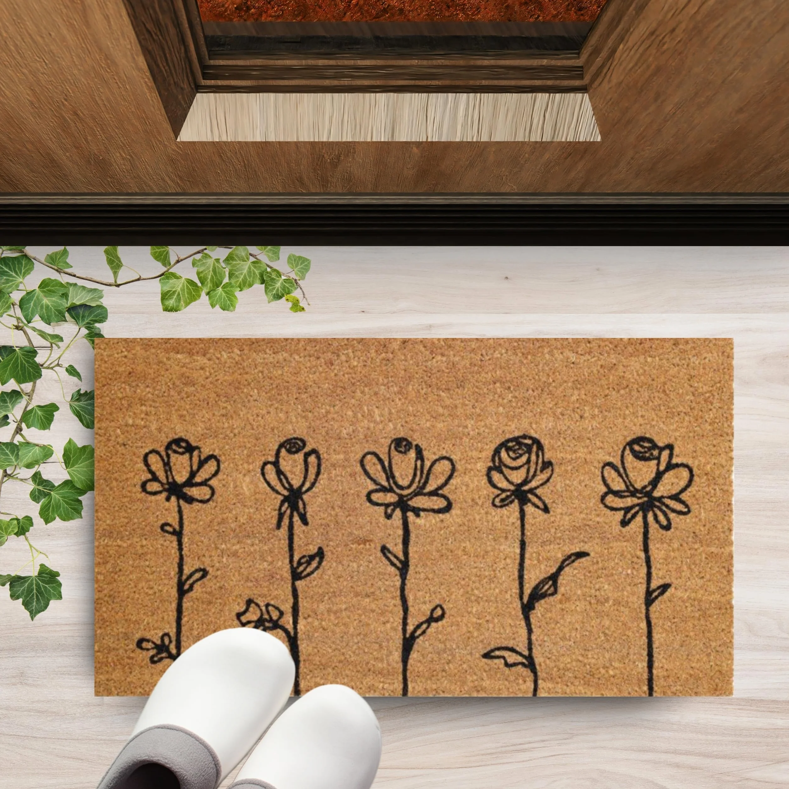 Felpudo Kera Flowers con Fibras de Coco, Alfombra antisuciedad para Entrada Rectangular, 40 x 70 cm, Fondo de látex Antideslizante – Impresión 5 Flores