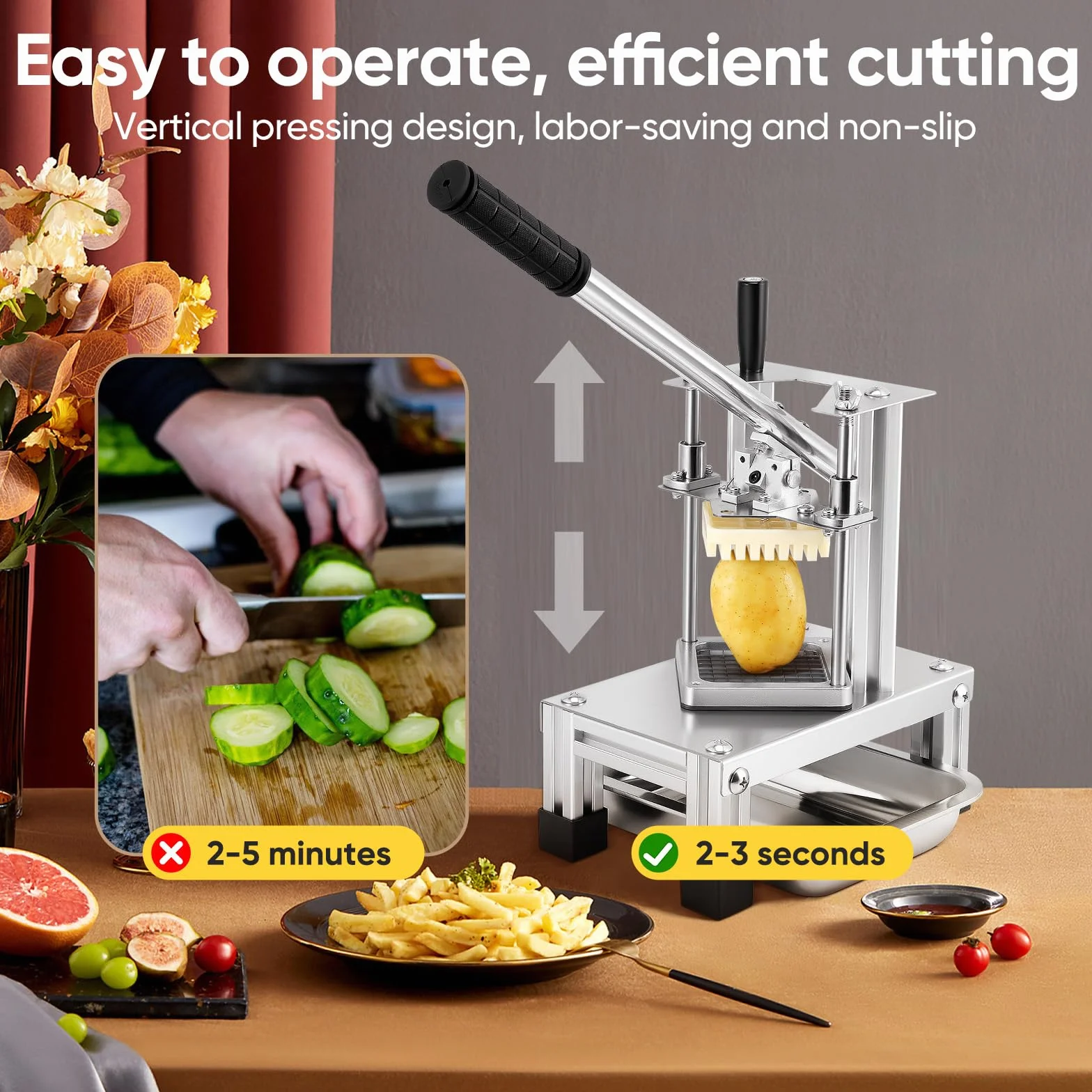 Cortador de Patatas Fritas Profesional, Cortadora de Verduras Comercial, con Cuchillas de Acero Inoxidable 304 de Tamaño 1/4" 1/2" 3/8" para Batatas, Zanahorias y Pepinos (Equipo, 1)