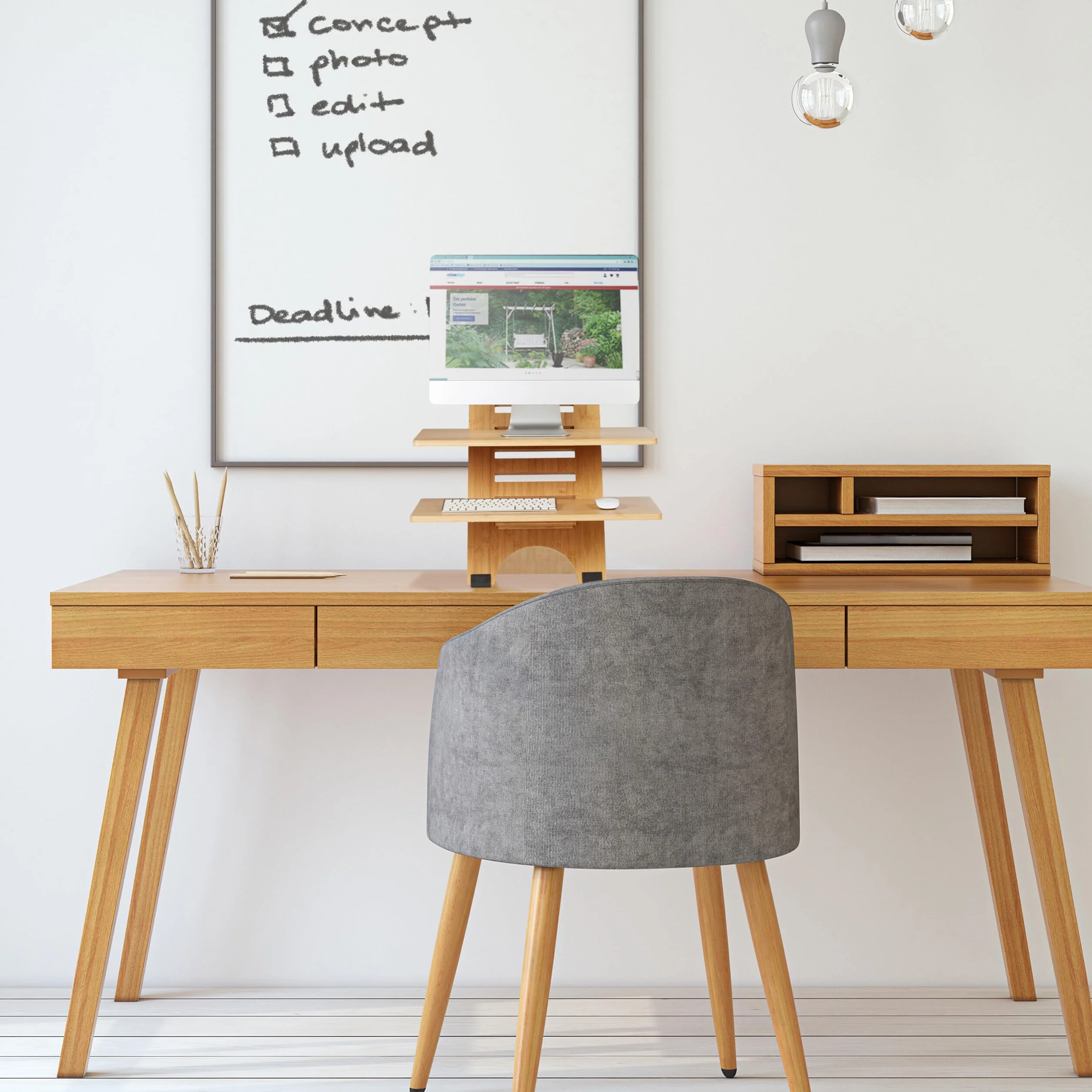 Relaxdays Soporte Ordenador de Pie, Altura Regulable, 2 Baldas, Bambú, Accesorio para Escritorios, Oficina, Natural, 61 x 60 x 61 cm