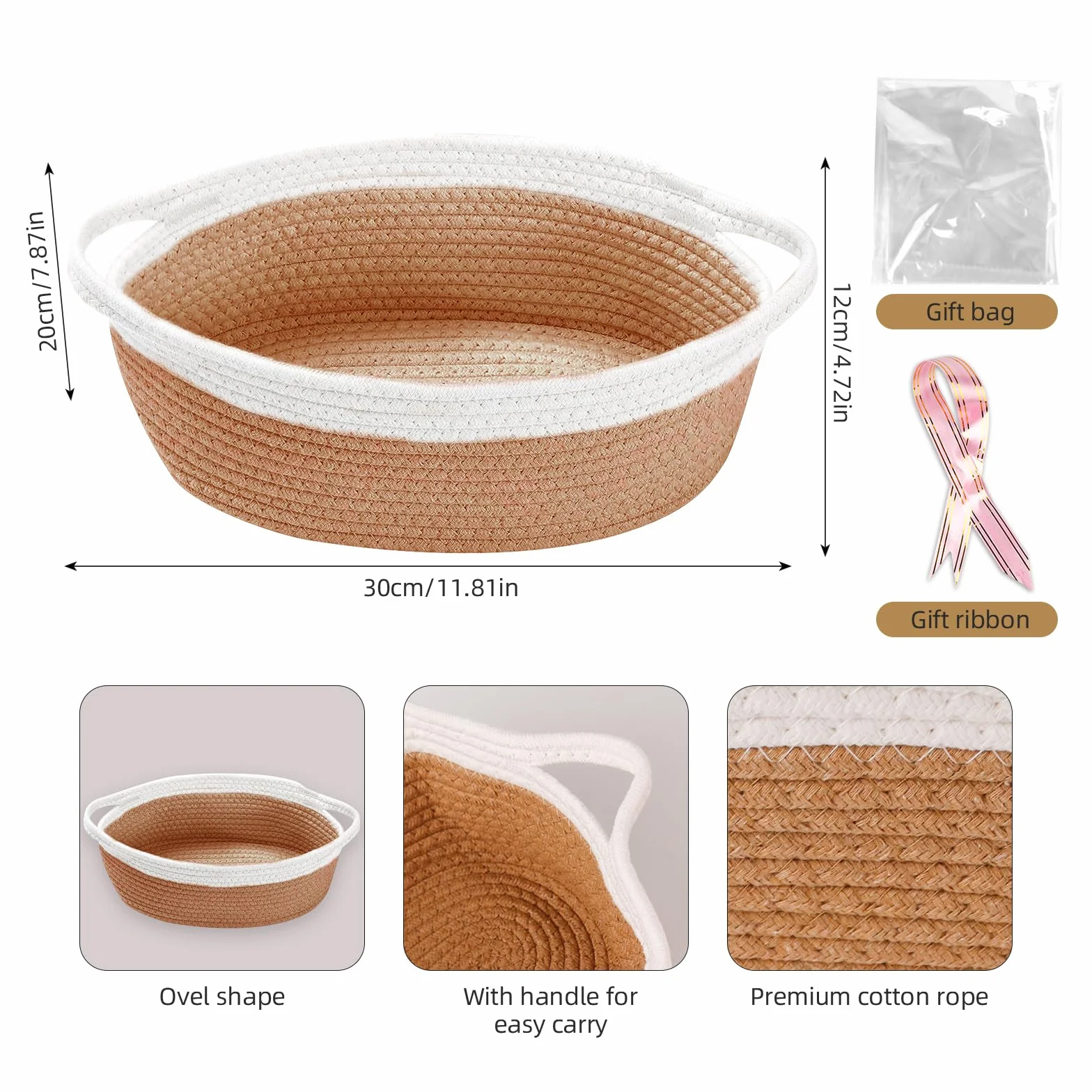 FRUHLING Cesta de regalo vacía trenzada con bolsas de celofán y lazo, almacenamiento de cuerda de algodón para baby shower