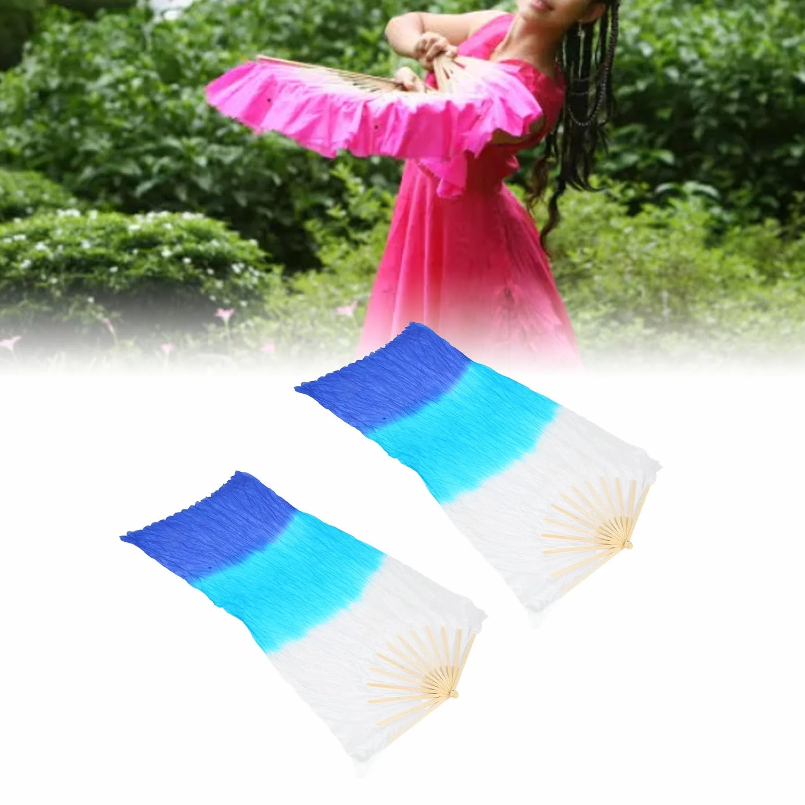 Abanicos de Danza del Vientre 1,5M, Abanico de Madera Tricolor Seda Sintética para Espectáculos