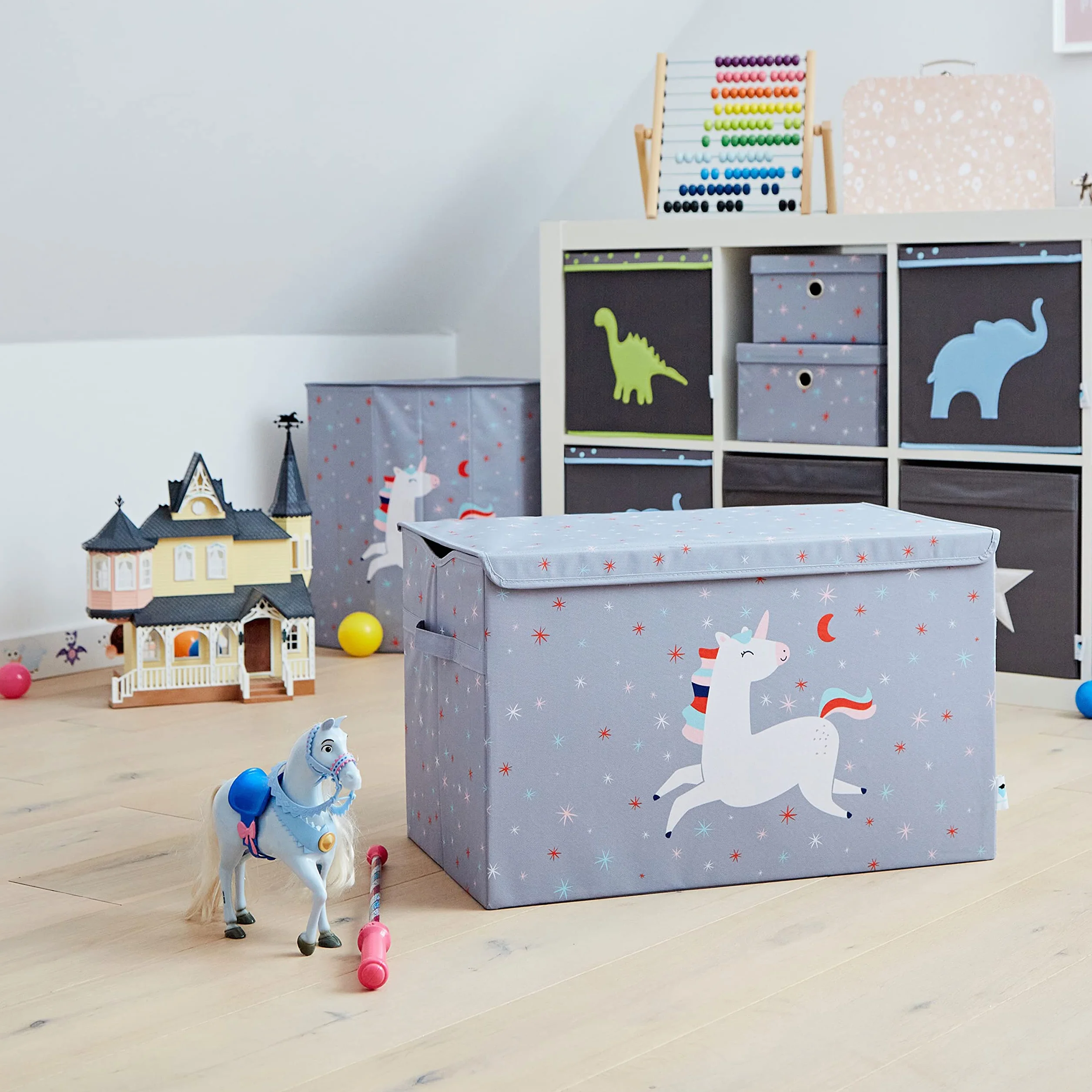 Baúl para juguetes con tapa, caja grande de tela reforzada con madera, gris unicornio, 62x38x39 cm