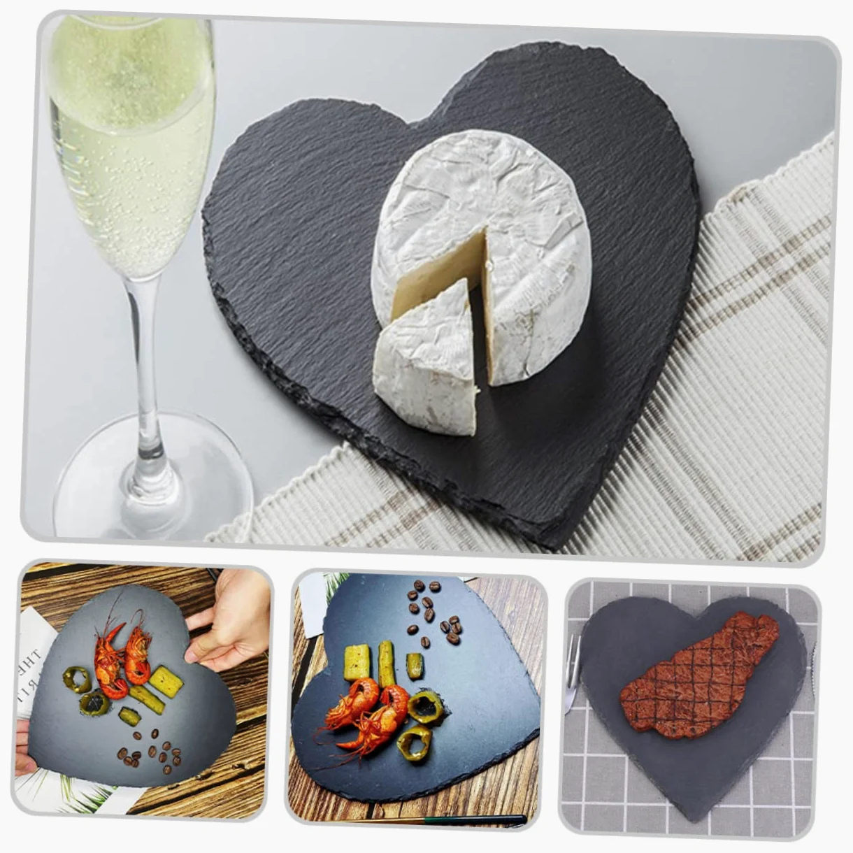 SECFOU Plato de Pizarra en Forma de Corazón Negro 4 Pulgadas, 3 Piezas | Piedra Natural, Estilo Europeo Rústico, para Hotel y Restaurante Occidental