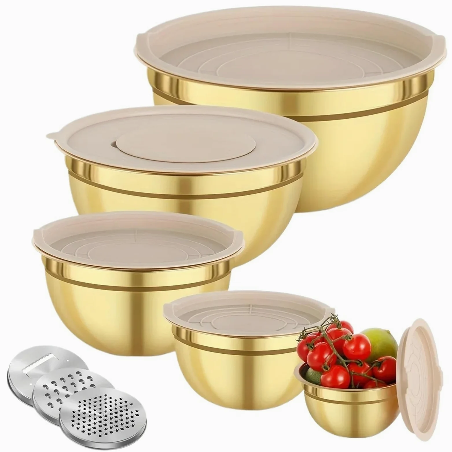 Tazón Para Mezclar Juego de tazones for mezclar acero inoxidable dorado | 10 piezas con sacapuntas de tapa for hornear ensalada de cocción