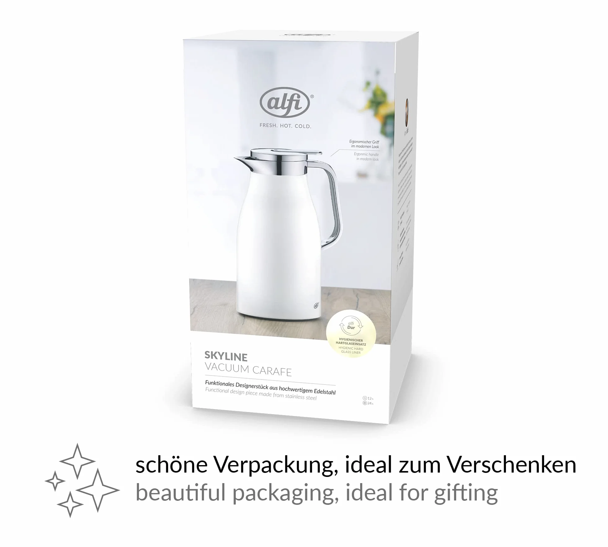 alfi SKYLINE 1,0 l, jarra isotérmica de acero inoxidable con inserción higiénica de vidrio duro, tapón de rosca con cómodo pulsador, mango ergonómico a una mano, ideal como jarra de café o té, sin BPA