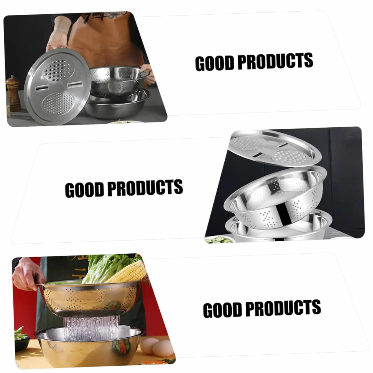 Colador de Verduras y Frutas de Acero Inoxidable 3 Piezas Diseño de Drenaje Adecuado para Cocina y Amasado Estilo Aleatorio