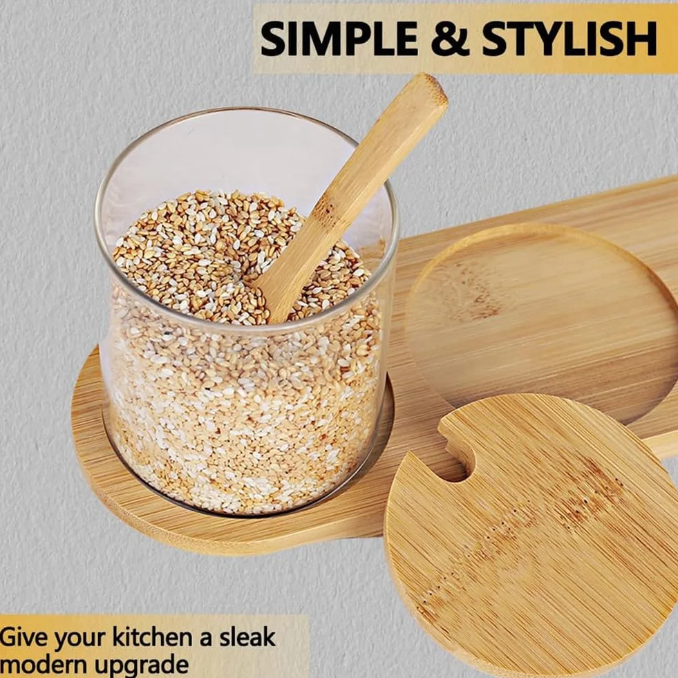 Contenedor de Condimentos de Bambú con Tapa y Cuchara. Juego de Caja para Condimentos, Utilizado para Almacenar Condimentos, Sal y Azúcar.