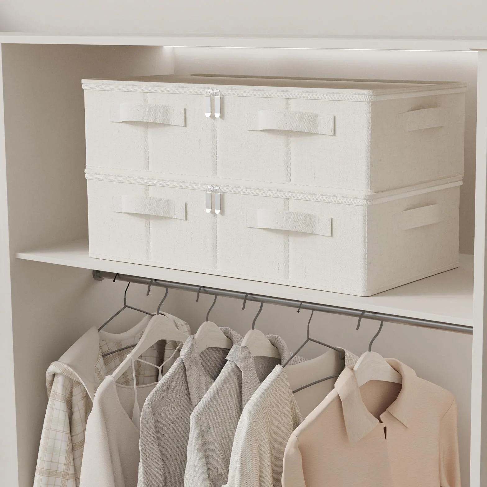 2 Piezas Cajas de Almacenamiento Plegable Bajo la Cama, Organizadora de Almacenamiento de Tejidos con Mango, Para Colchas, Ropa, Mantas y Zapatos, 60×30×15cm, Beige