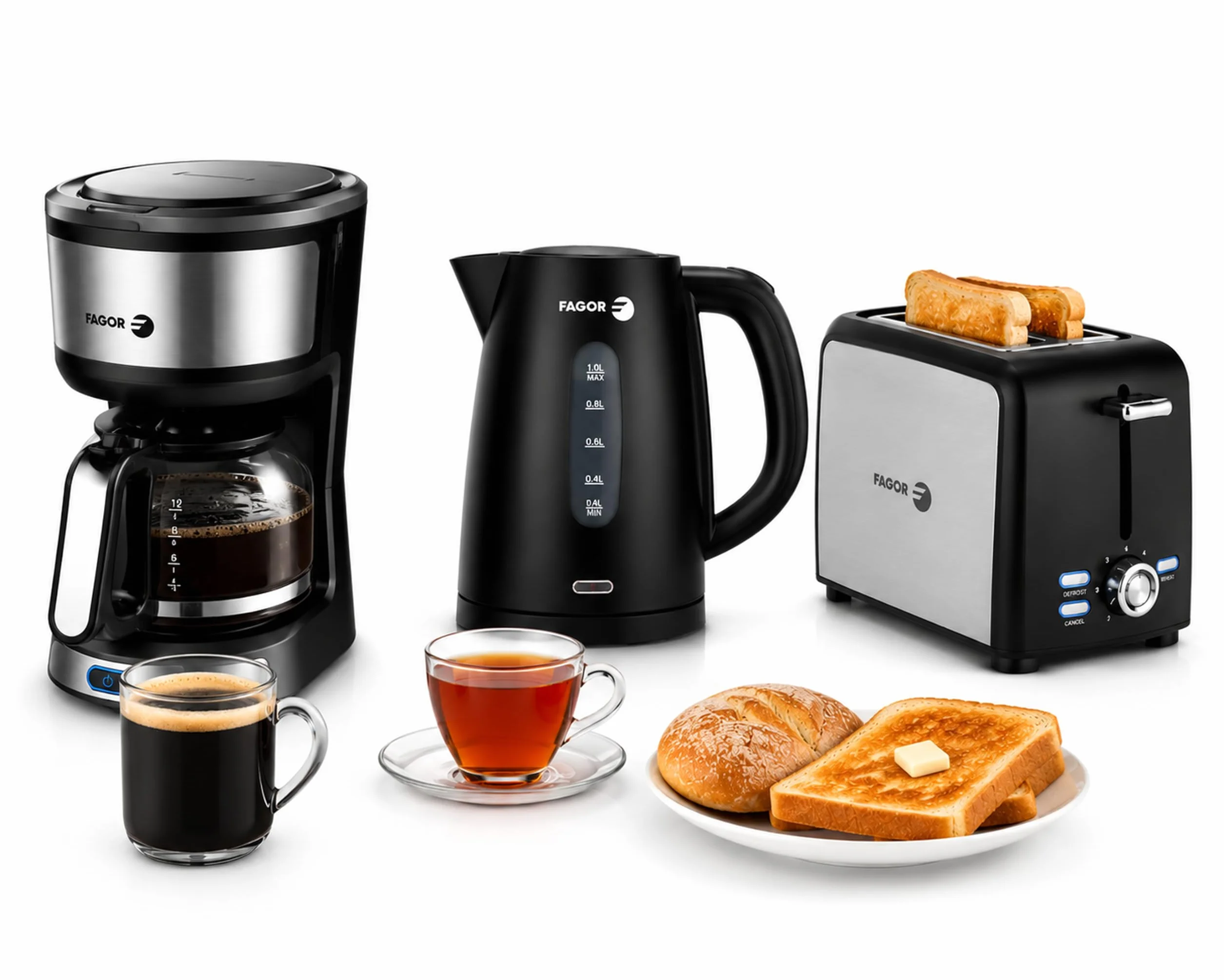 Set Desayuno Completo 3 en 1 con Cafetera de Goteo 0,6L, Hervidor Eléctrico 1L y Tostador de 2 Ranuras, Diseño Negro, Apagado Automático, Ideal para Hogar y Regalo- FAGOR Breakfast Collection Noir