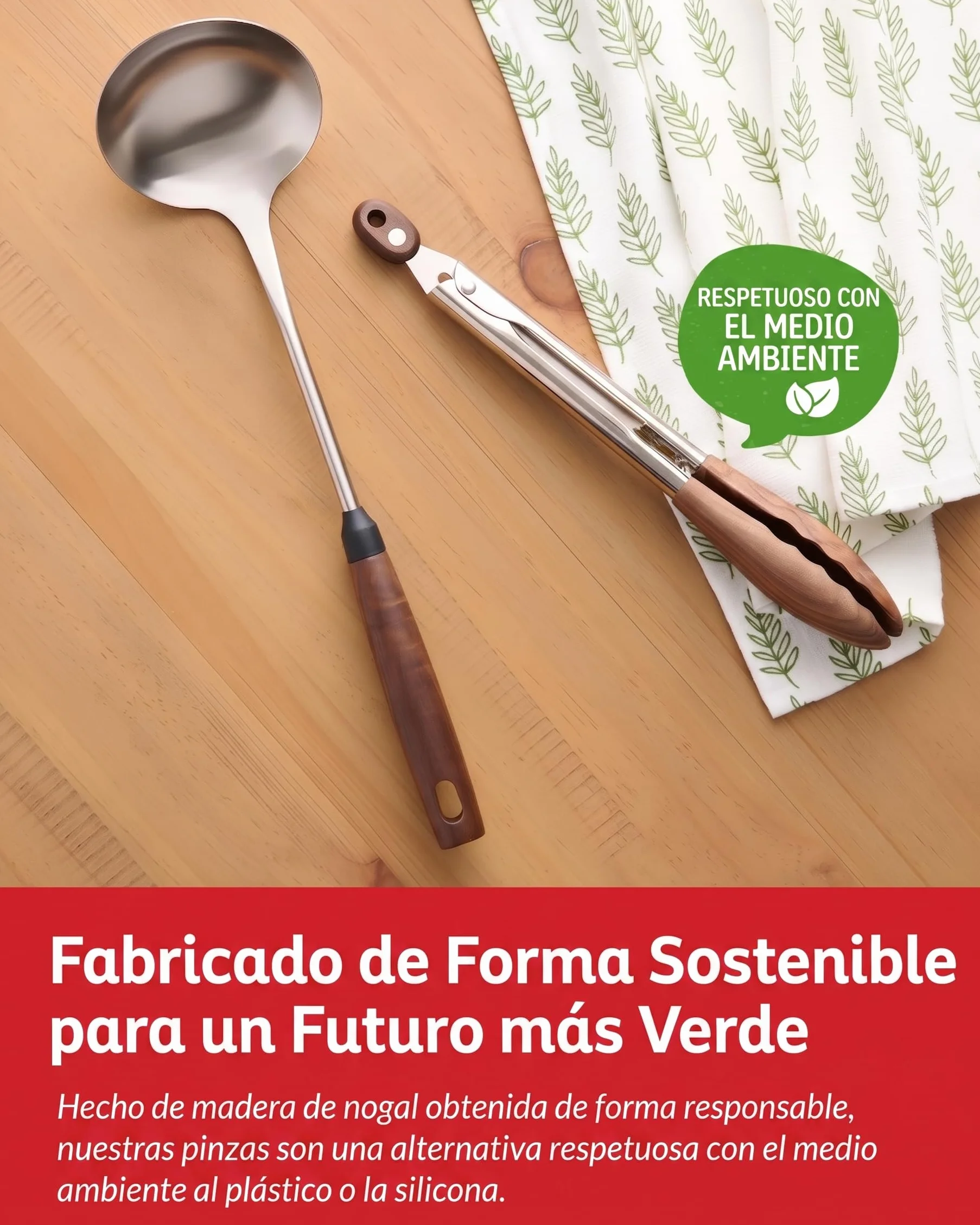 Boxiki Kitchen Pinzas de Cocina Profesionales Acero Inoxidable 30cm con Puntas de Madera de Nogal Natural